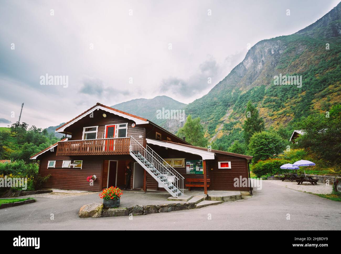 Flam Village in Norvegia. Casa di legno, Campeggio, Casa di campagna Foto Stock