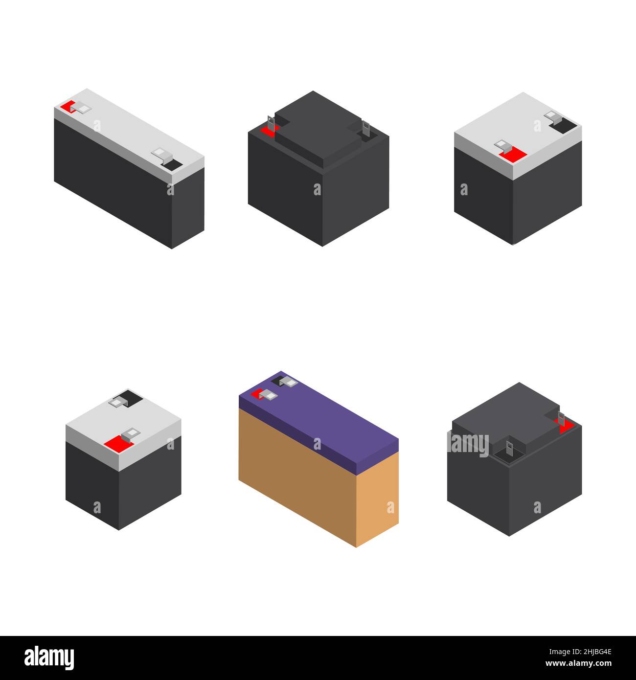 Set di varie batterie ricaricabili per un gruppo di continuità. Flat 3D stile isometrico, illustrazione vettoriale. Illustrazione Vettoriale