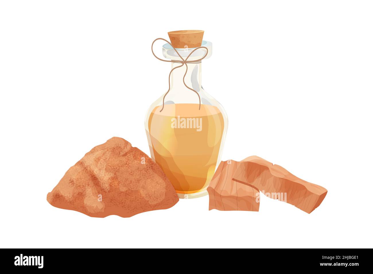 Olio di sandalo in bottiglia con sughero e corda in legno, legno di sandalo in polvere in stile cartone animato isolato su sfondo bianco. Ayurveda terapia ingrediente . Illustrazione vettoriale Illustrazione Vettoriale