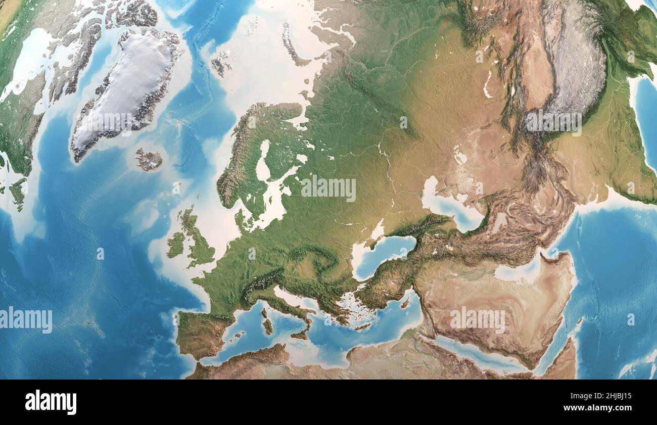 Mappa fisica di Europa, Groenlandia, Medio Oriente e Asia, con dettagli ad alta risoluzione. Vista satellitare del pianeta Terra. Elementi forniti dalla NASA Foto Stock