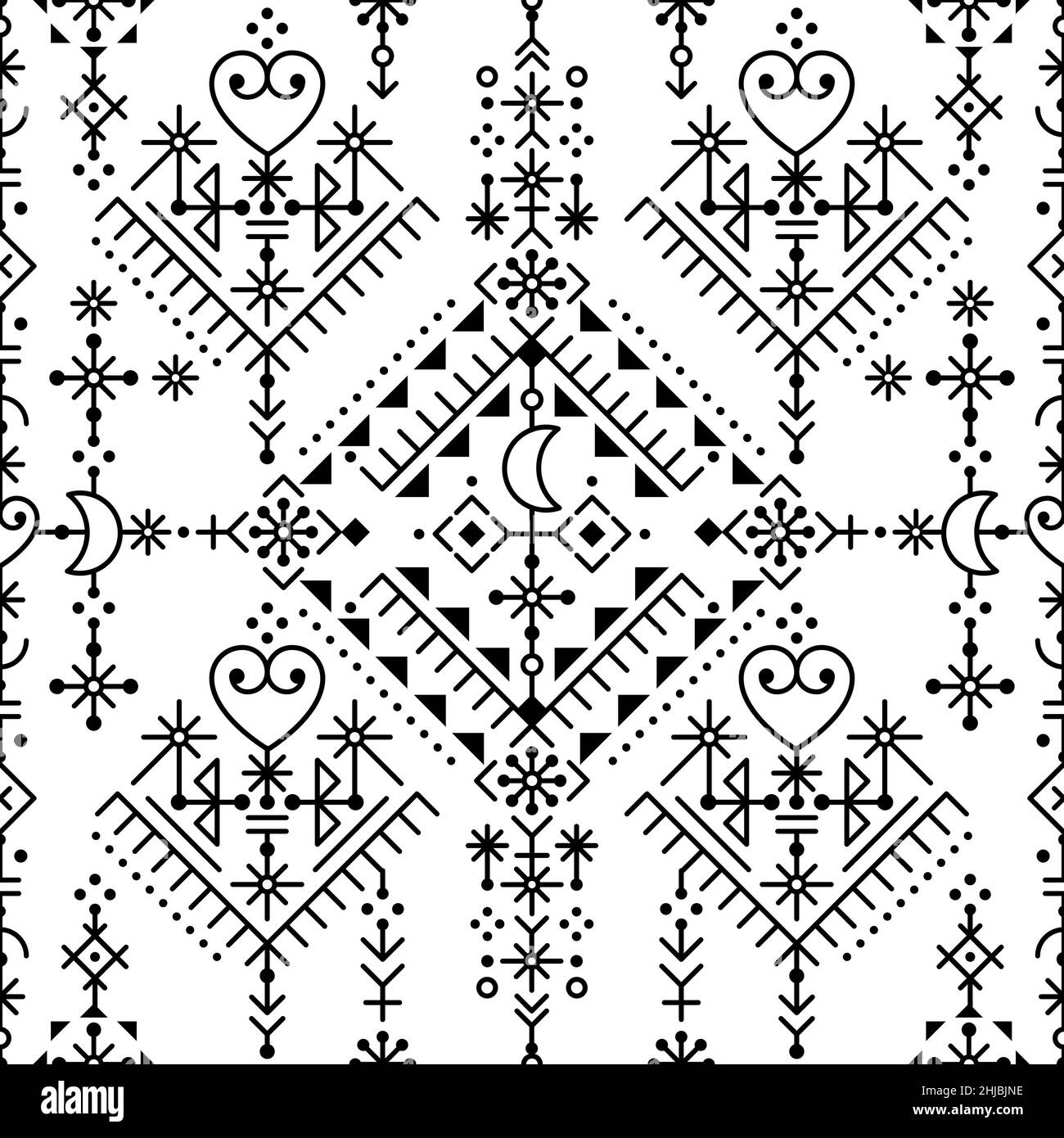 Stile islandese linea tribale arte vettore senza cuciture patten con lune, cuori e forme geometriche, tessuto o stampa disegno ispirato da Vichinga runa Illustrazione Vettoriale