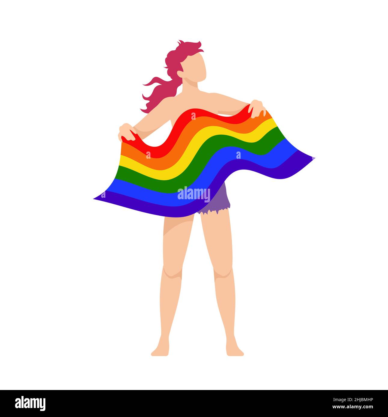 Persona a testa rossa transgender con bandiera LGBT. Arcobaleno, simbolo di orgoglio Illustrazione Vettoriale