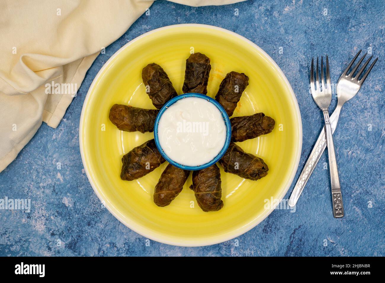 Confezionamento di foglie di carne. Sapore mediterraneo tradizionale. Foglie avvolte con yogurt su sfondo blu. Nome locale etli yaprak sarma Foto Stock