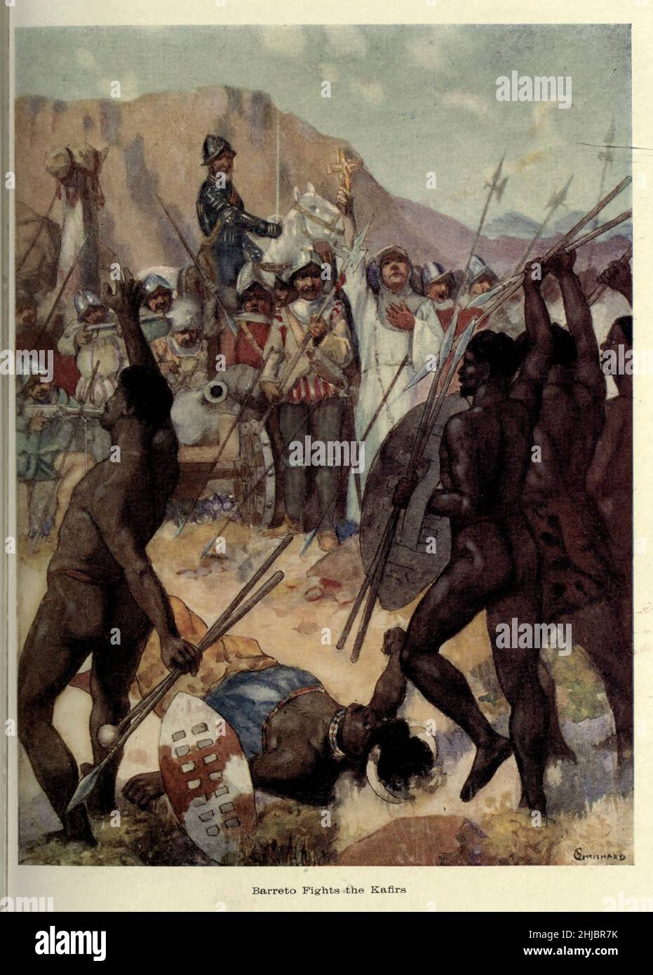 Barretto combatte i Kafirs dal libro ' Romance of Empire : South Africa ' di Ian Duncan Colvin, a cura di John Lang, con illustrazioni a colori di John R. Skelton e G.S. Smithard Publisher: London Edinburgh, T.C. E C.E. Jack in 1909 Foto Stock