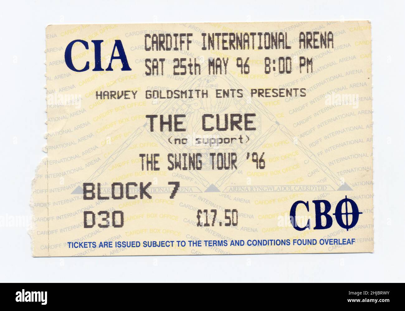 Biglietto per il concerto per il Cure alla Cardiff International Arena dal 1996 isolato su bianco Foto Stock