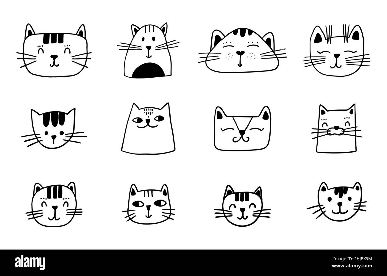 Grazioso set di testa di gatto. Divertenti schizzi lineari kitten. Illustrazione vettoriale cats per stampa, adesivi, stampa su T-shirt Illustrazione Vettoriale