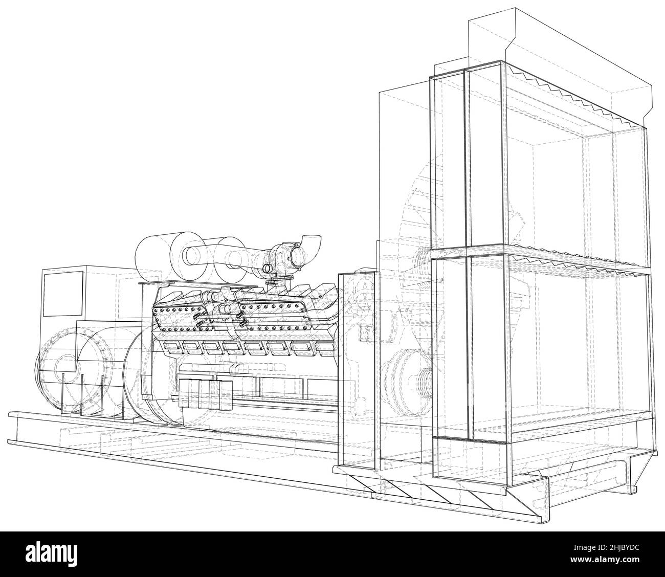 Motore con generatore diesel. Formato EPS10. Telaio del filo Illustrazione Vettoriale