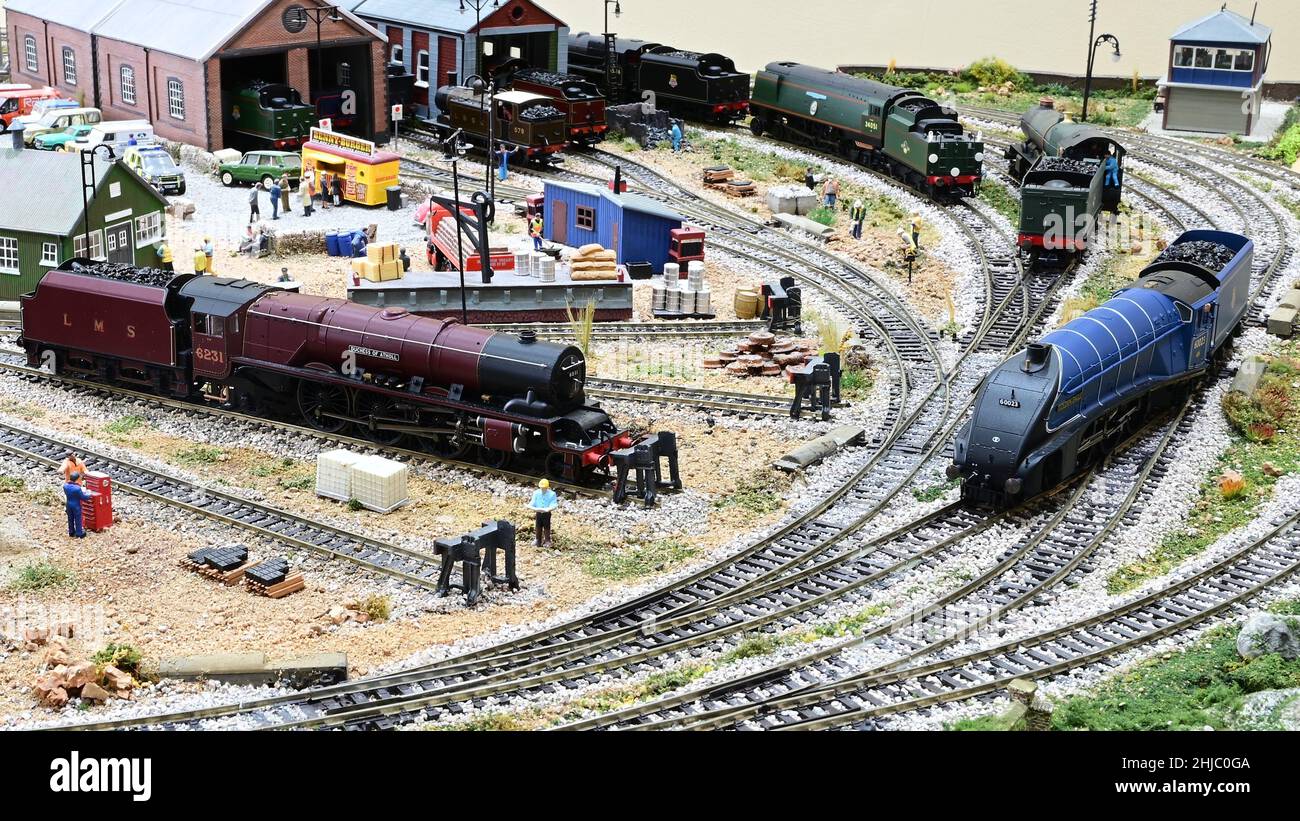 Un modello di una classe di incoronazione LMS e di una locomotiva LNER A4 su un modello di ferrovia. Foto Stock