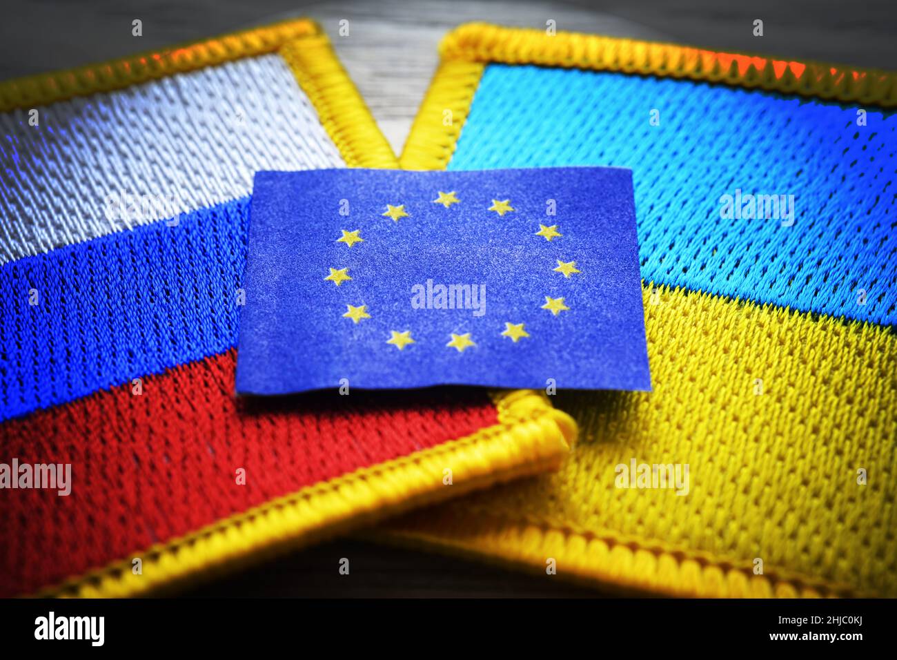 Bandiere di Russia, Ucraina e UE, crisi Ucraina Foto Stock