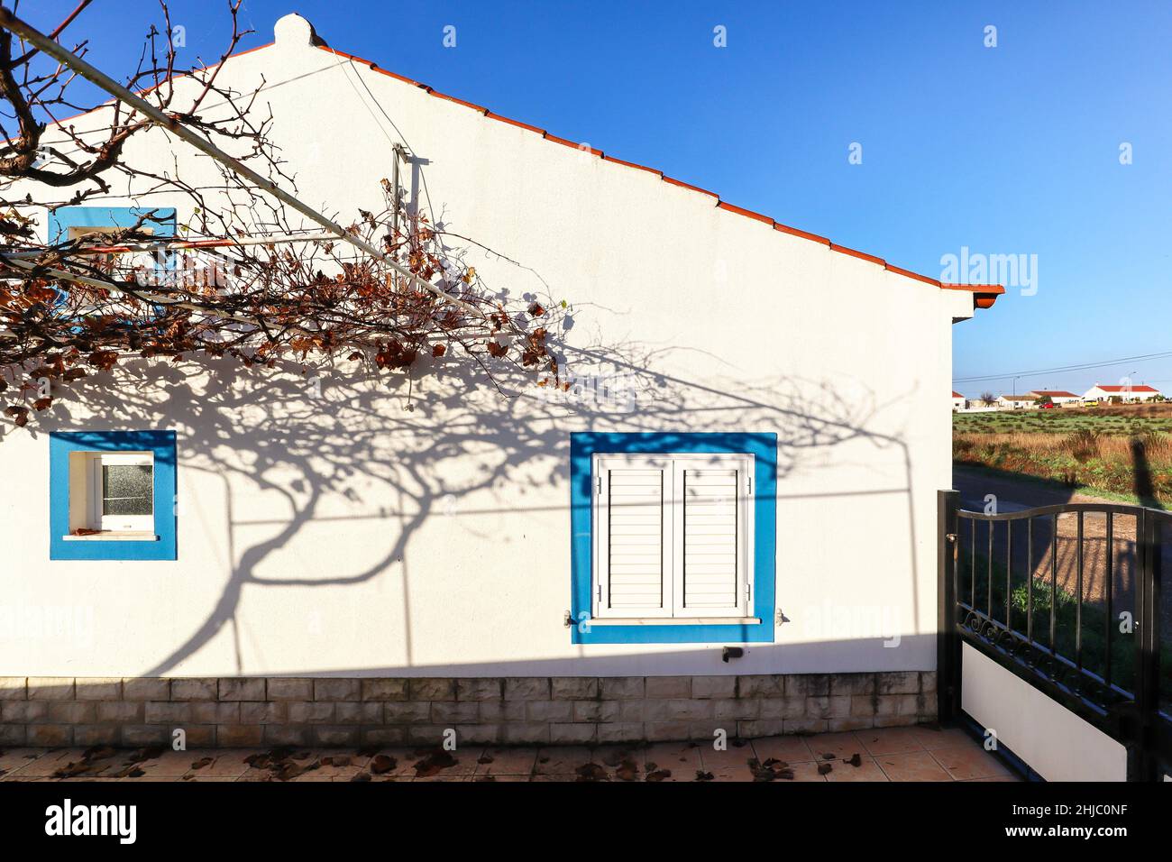 Tradizionale casa portoghese in un piccolo villaggio a Rota Vicentina - edificio residenziale in primavera, Alentejo Portogallo Europa Foto Stock