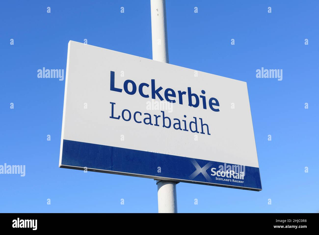 Cartello presso la stazione ferroviaria di Lockerbie Dumfries e Galloway Scotland Foto Stock