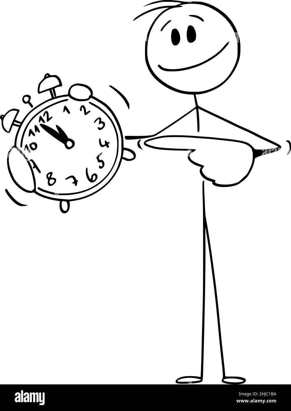 Sorridente persona che tiene e punta a sveglia orologio, Vector Cartoon Stick Figura Illustrazione Illustrazione Vettoriale