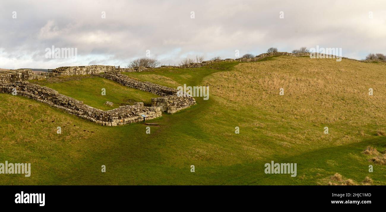 Milecastle 42 a Cawfields, Hadrian's Wall, Northumberland, Regno Unito Foto Stock