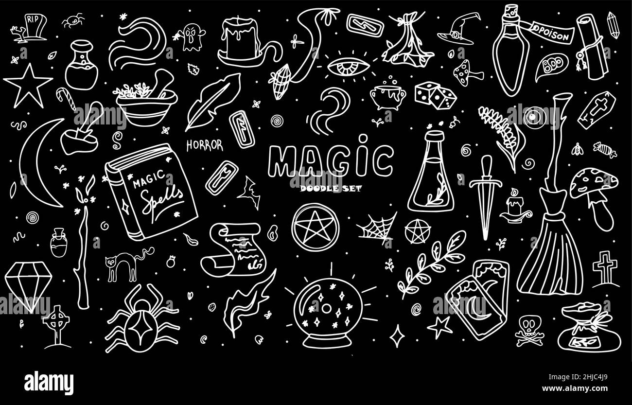 Set di scarabucini magici disegnati a mano. Icone vettoriali di oggetti magici. Collezione Halloween Elements. Scopa magica, pozioni, carte che raccontano fortuna, rune, libri Illustrazione Vettoriale
