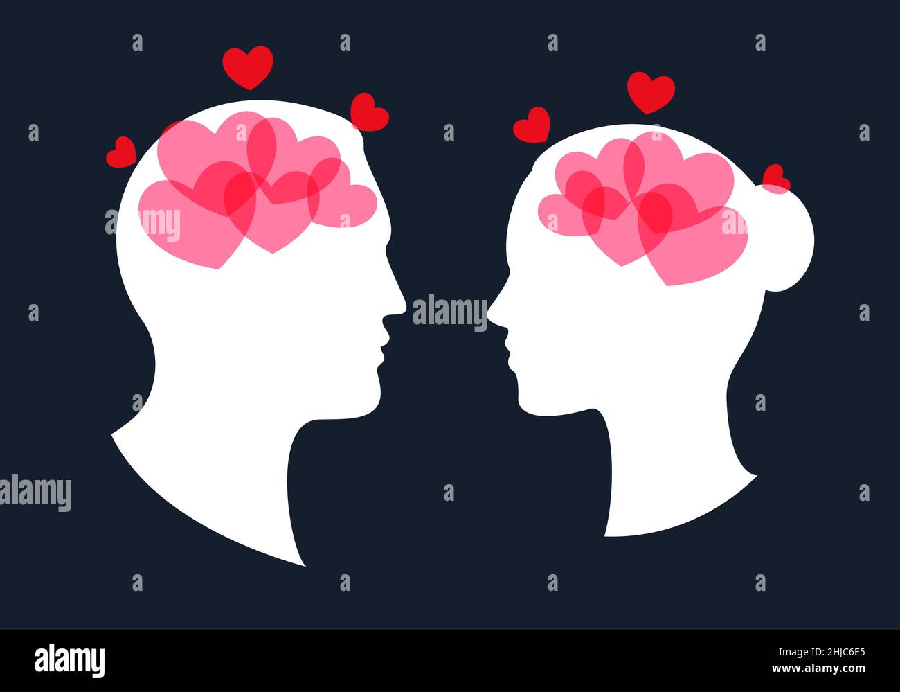 Profilo testa ragazzo e ragazza con cervello cuore, simbolo d'amore per biglietto d'auguri, matrimonio, festa giorno valentine. Illustrazione vettoriale Illustrazione Vettoriale