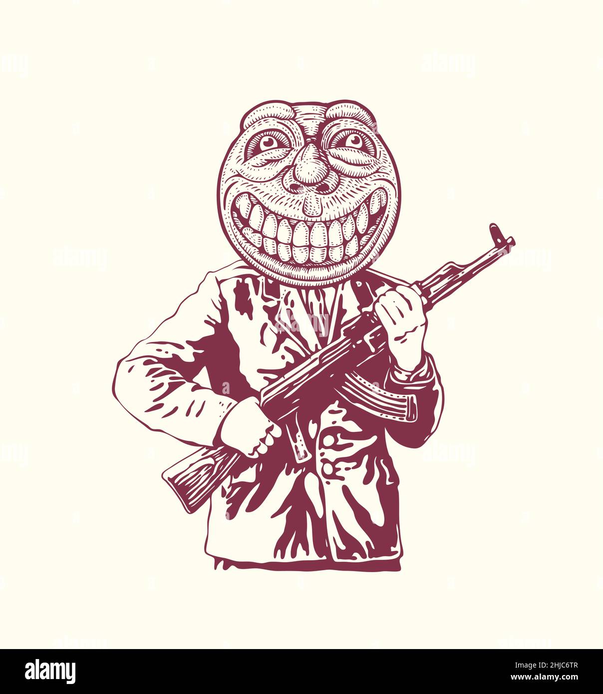 Un ufficiale con un fucile d'assalto Kalashnikov e con un emoticon felice invece della testa. Illustrazione vettoriale. Illustrazione Vettoriale
