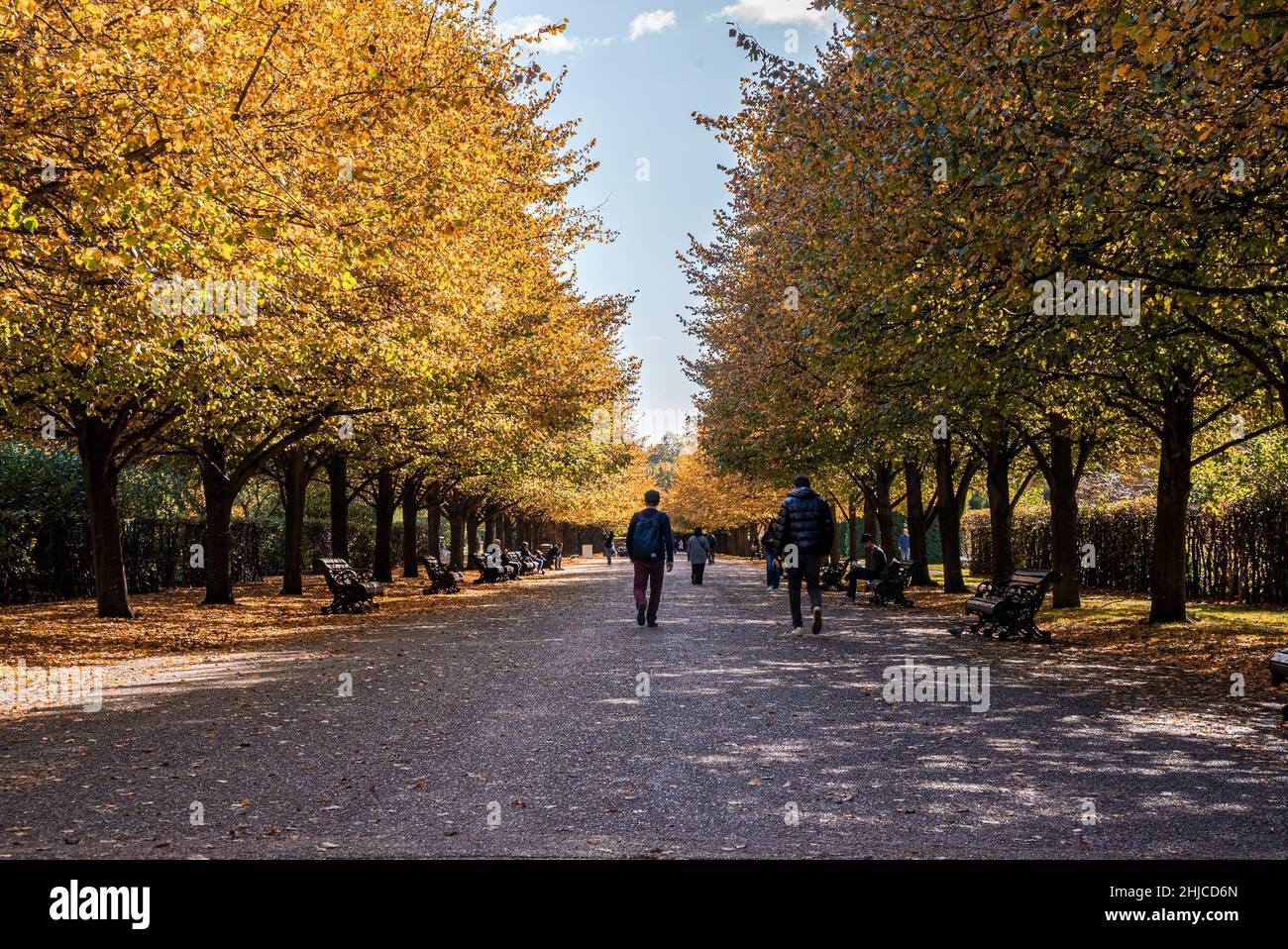Gruppo di persone che camminano e si siedono su una panchina nel parco pubblico Foto Stock