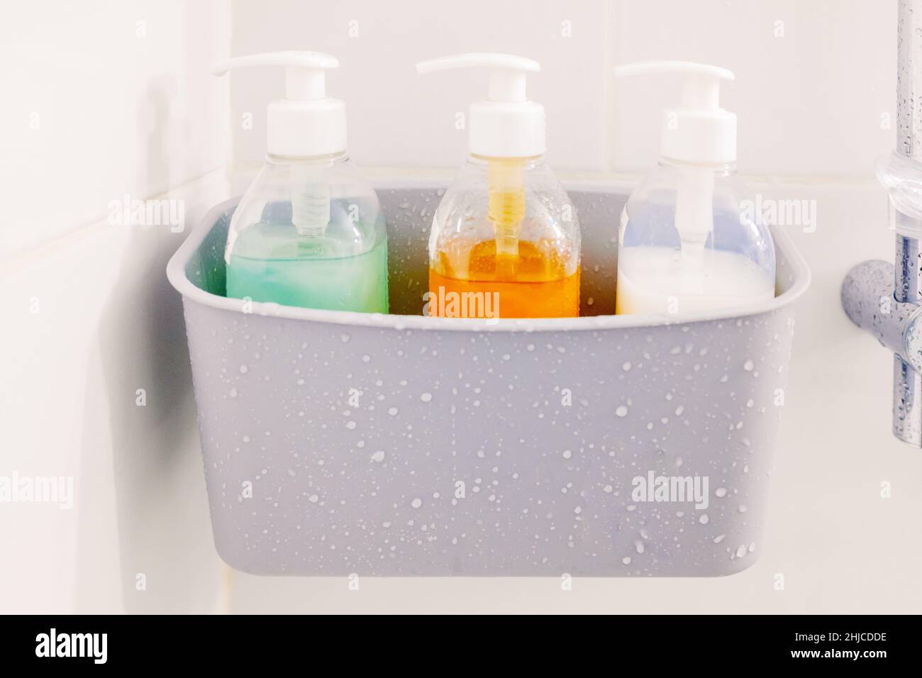 Appendiabiti con sapone per il corpo all'interno di una doccia, privo di prodotti tossici. Foto Stock