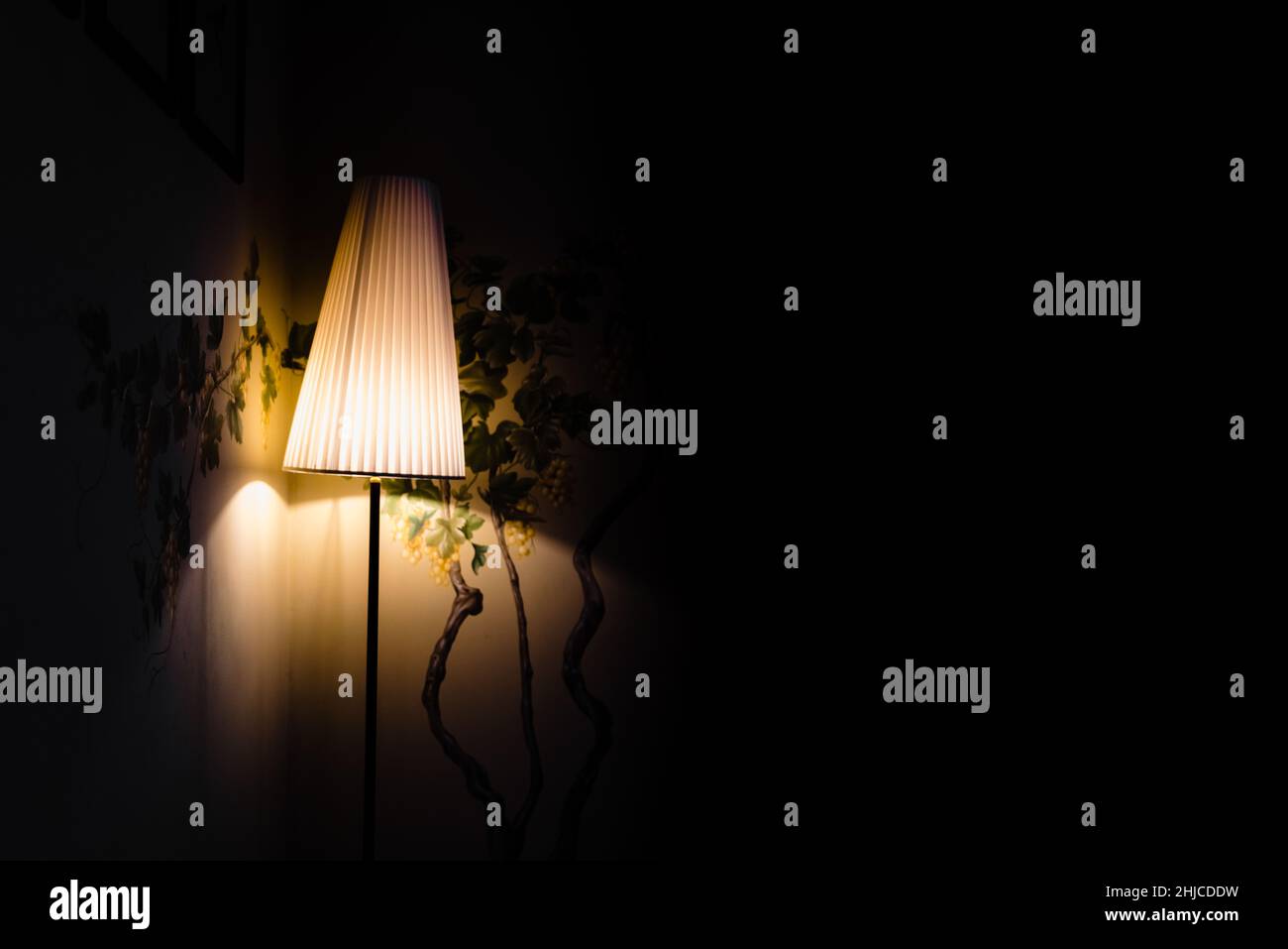 Un'elegante lampada a bassa potenza crea un'atmosfera di isolamento e nostalgia in una stanza oscurata. Foto Stock