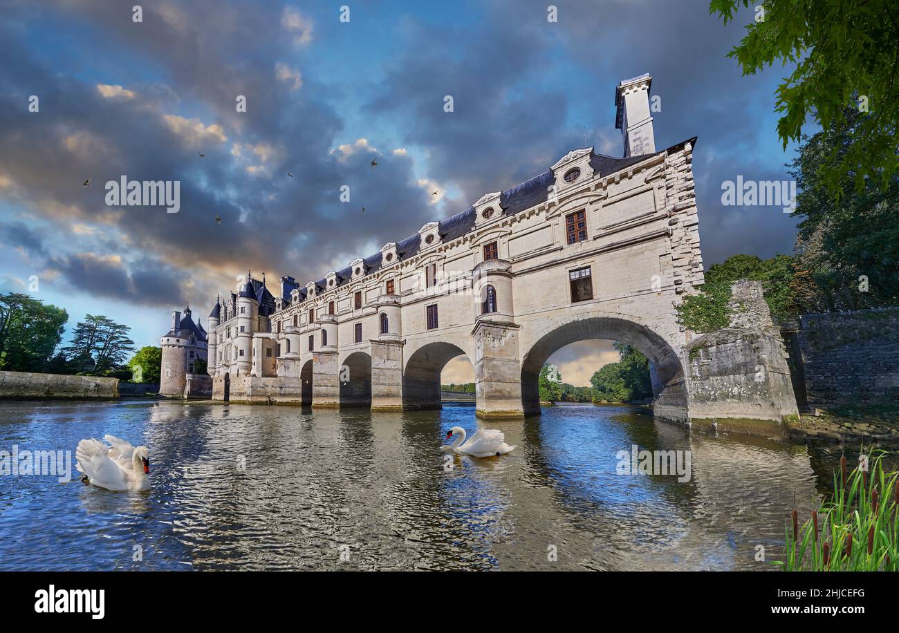 Il Renaissance Chateau de Chenonceau che attraversa il fiume Cher, Indre-et-Loire, costruito nel 1514–1522. Il ponte sul fiume è stato costruito (1556-1559) a. Foto Stock