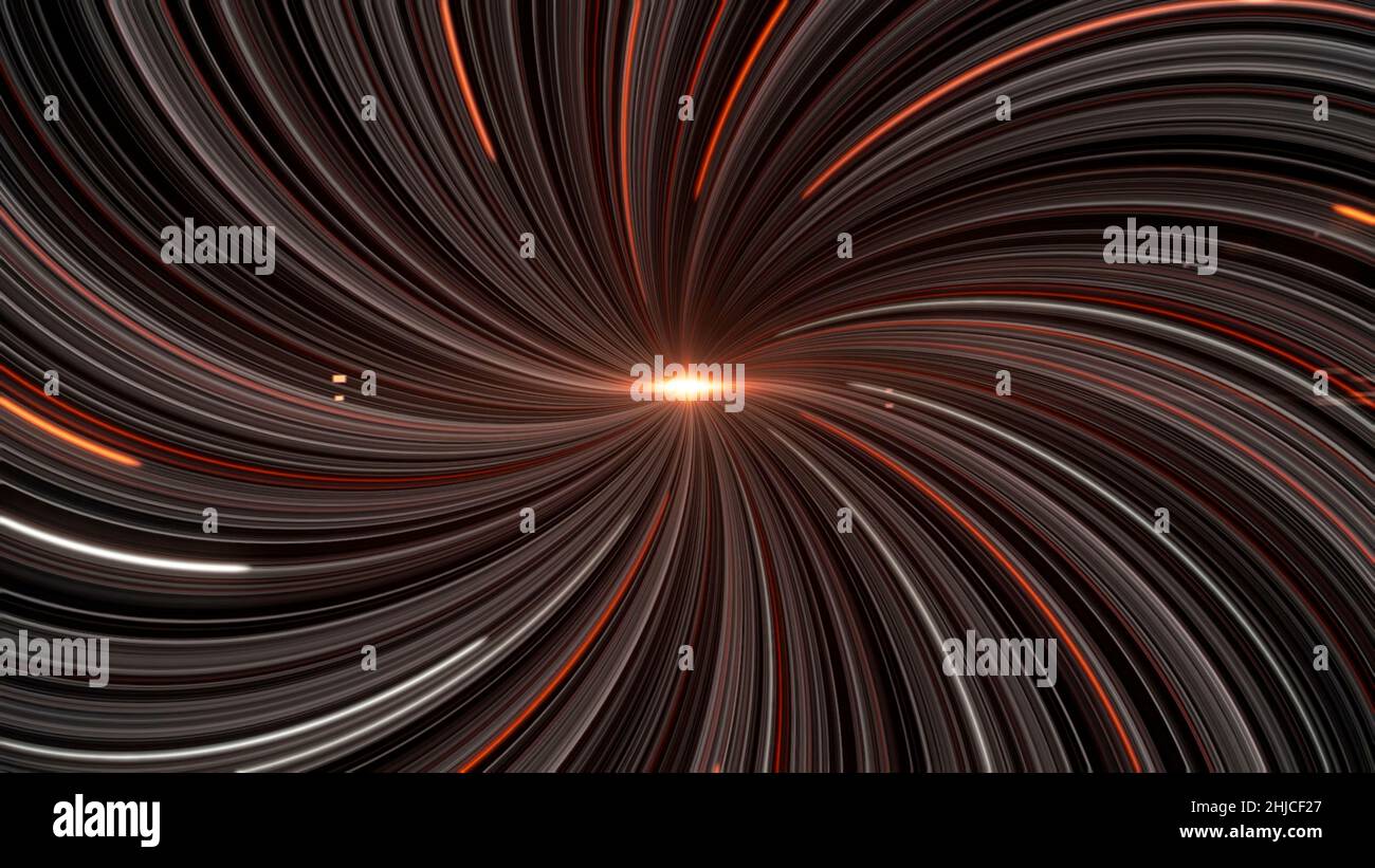 Astratte fibre rotolanti intorno alla sorgente di luce al centro, anello senza cuciture. Animazione. Primo piano di una stella astratta che assorbe energia Foto Stock