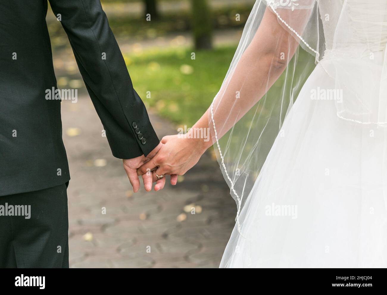 L'immagine di una sposa e sposo che tiene le mani in un giorno di nozze. Mani, anelli, giorno di nozze. Coppia di nozze. Tenere le mani. Foto Stock