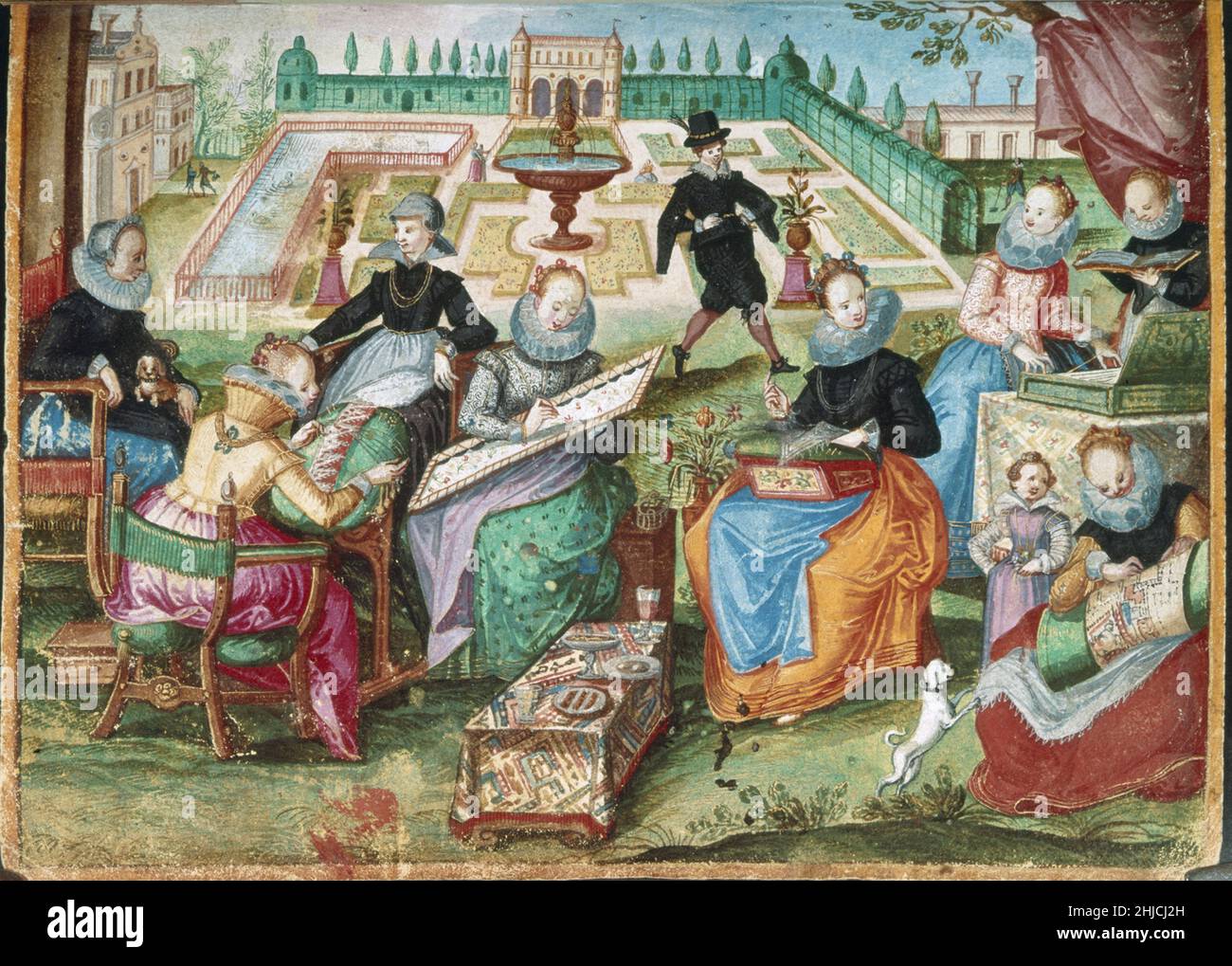 'Ladies in a Garden ricoering', un'illustrazione tratta dall'album Amicorum di Gervasius Fabricius. Questo foglio è un 'album di amicizia' originariamente pubblicato in Wurzburg e Salisburgo; 1603-1637. Un "album di amicizia" è stato un album personalizzato creato da studenti di lingua tedesca e olandese che si imbarcano in un tour delle città europee per completare i loro studi. Foto Stock