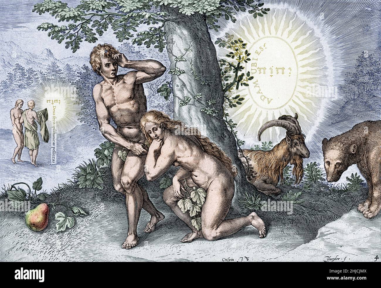 L'illustrazione colorata raffigura Adamo ed Eva che celano la loro nudità nel Giardino dell'Eden dopo aver mangiato la frutta proibita. In lontananza, a sinistra, ricevono abiti da Dio. Il tetragramma, 'Yahweh', appare in ebraico al centro dei due cerchi sullo sfondo. A sinistra, un'iscrizione latina recita: "Dio li ha fatti tuniche di pelle"; a destra il latino recita: "Adamo, Dove sei?" Colorazione di un'incisione di linea di J. Haeyler dopo C. van den Broeck, circa 1570. Foto Stock