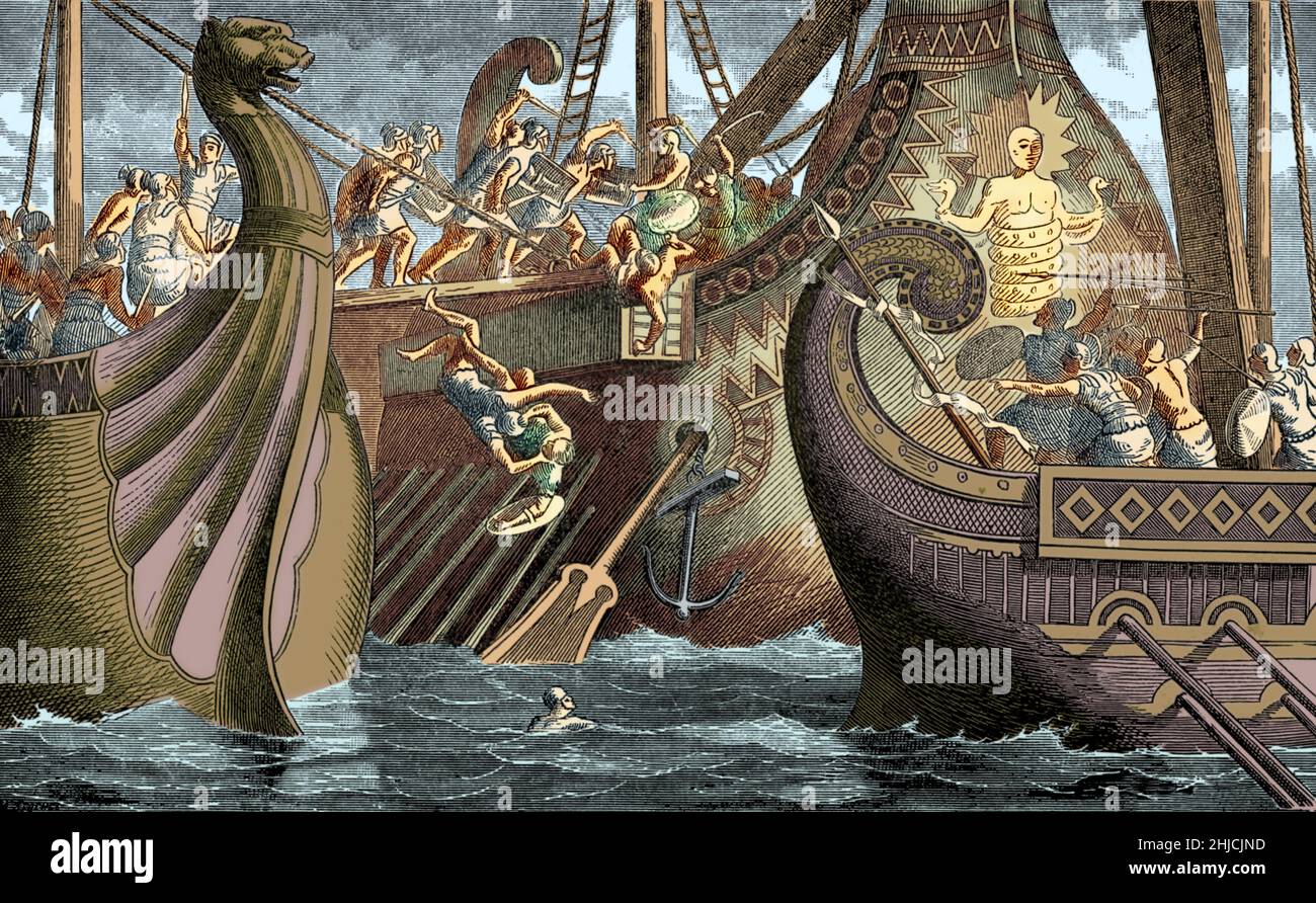 Illustrazione colorata raffigura la battaglia di Capo Ecnomus, 256 a.C. Questa battaglia navale della guerra punica, forse la più grande battaglia navale della storia, ebbe luogo al largo della Sicilia meridionale tra le flotte di Cartagine e della Repubblica Romana. I Cartaginesi presero l'iniziativa e la battaglia si devolse in tre conflitti separati. Dopo una lunga e confusa giornata di combattimenti, i Cartaginesi furono definitivamente sconfitti, perdendo 30 navi affondate e 64 catturate alle perdite romane di 24 navi affondate. Dopo un'incisione delle battaglie navali, antica e moderna di Edward Shippen, 1883. Foto Stock