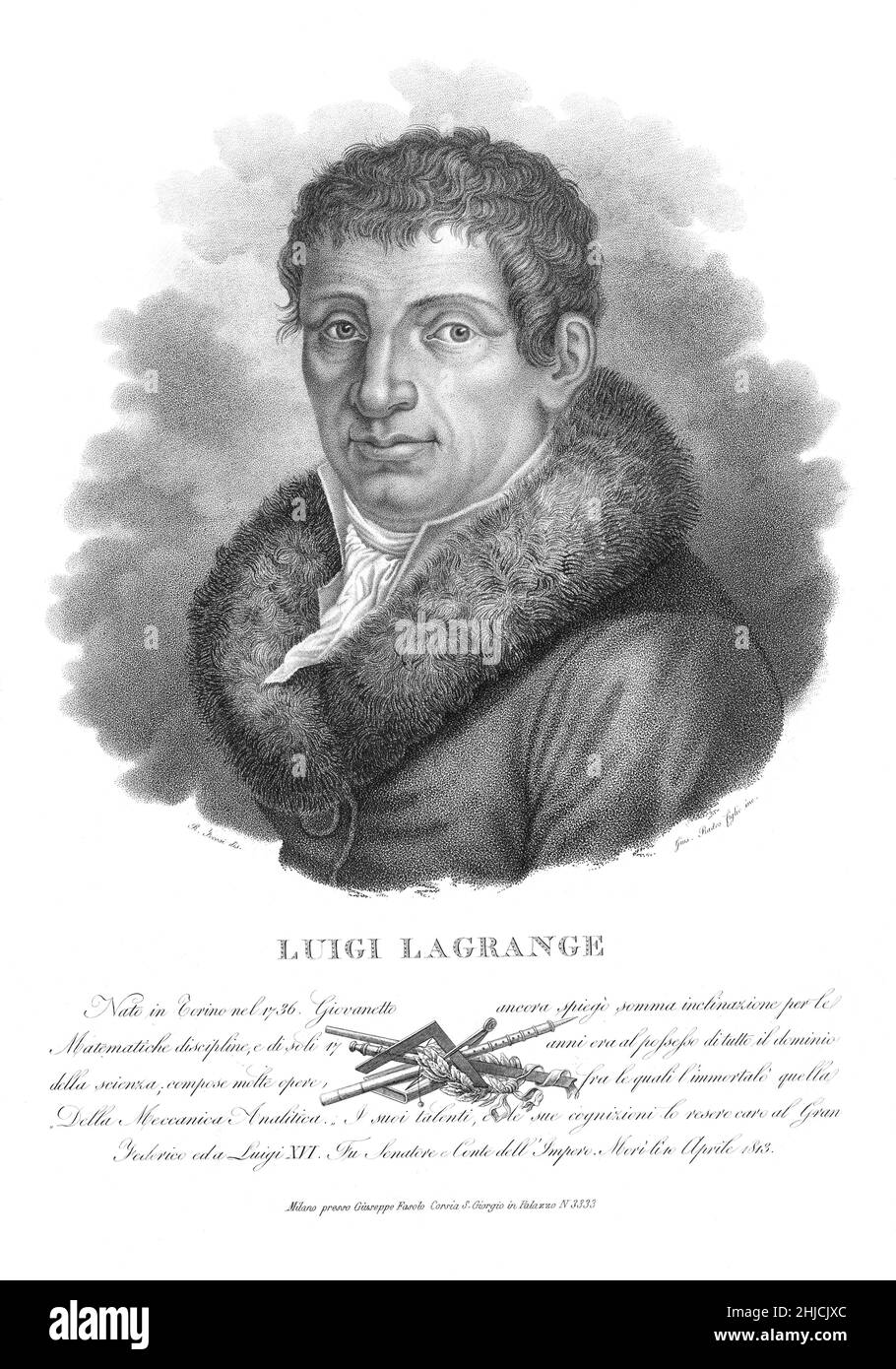 Joseph-Louis Lagrange (1736-1813), noto anche come Giuseppe Luigi Lagrangia, matematico e astronomo italo-francese che ha contribuito in modo significativo ai campi dell'analisi, della teoria dei numeri e della meccanica classica e celeste. Incisione a stiletto e incisione di Luigi Rados (1773-1840) dopo un disegno di Roberto Focosi, circa 1827. Foto Stock