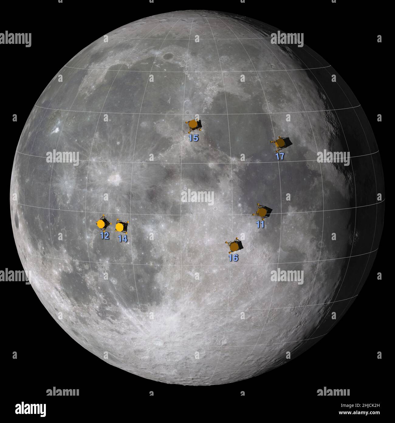 I sei luoghi di sbarco lunare dell'Apollo sono tutti relativamente vicini all'equatore sul lato della Luna che si affaccia sulla Terra. A sinistra in ogni sito si trova la metà inferiore del modulo Lunar, chiamata fase di discesa. Trasportava la maggior parte delle forniture degli astronauti e serviva come launchpad per il loro viaggio di ritorno al modulo di comando e servizio in orbita intorno alla Luna. Foto Stock