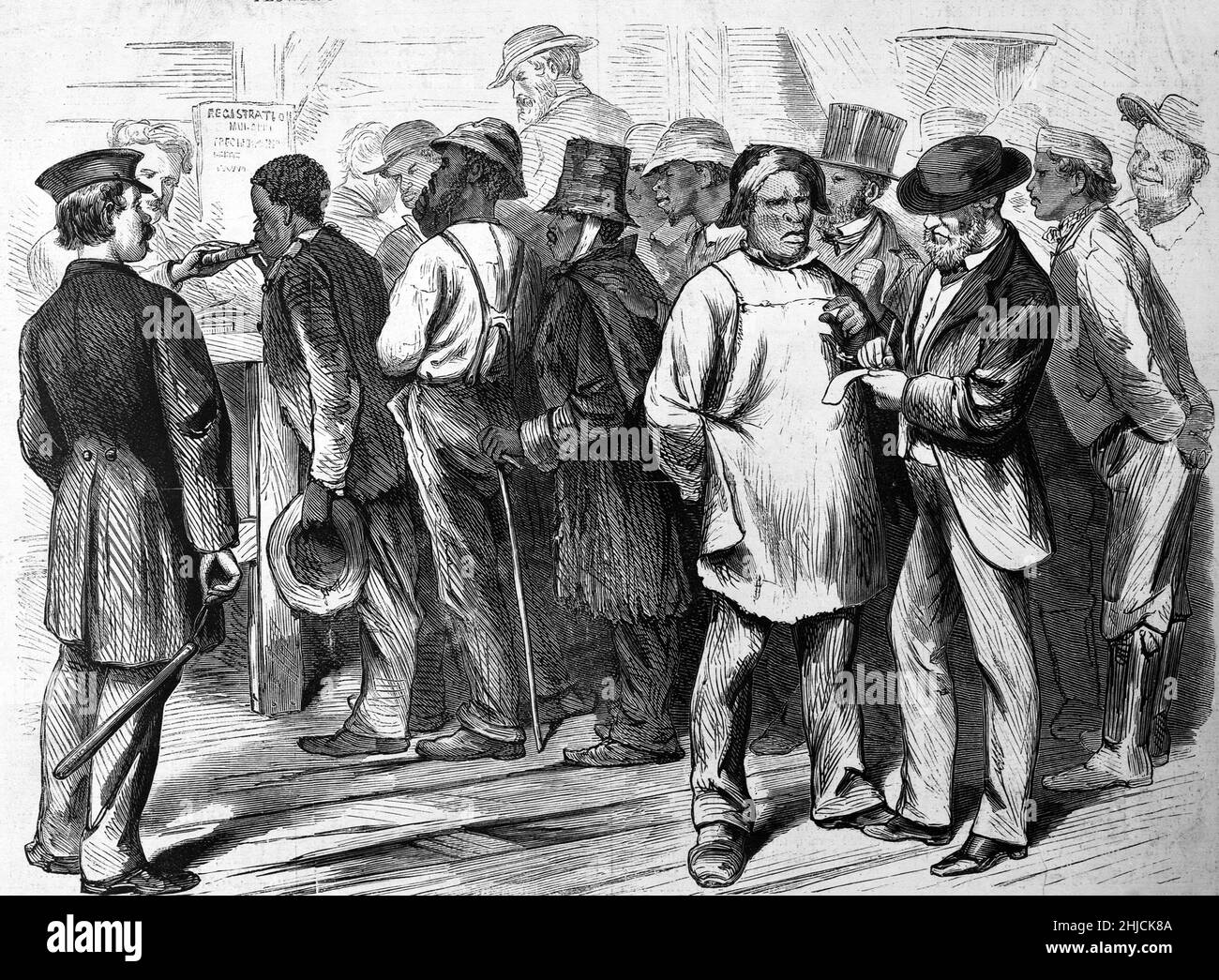 Registrazione degli elettori maschi neri durante le prime elezioni comunali a Richmond, Virginia dopo la fine della guerra civile. Illustrazione di William Ludwell Sheppard per Harper's Weekly, 4 giugno 1870. Foto Stock