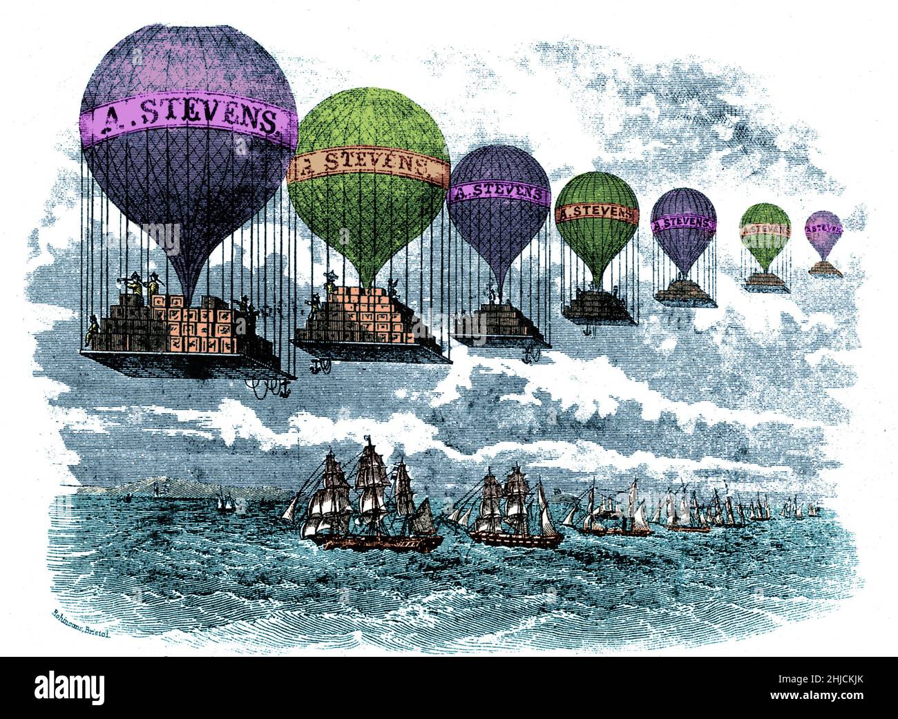Un'incisione in legno del 19th-secolo di una linea di palloncini ad aria calda carica di scatole, pubblicità 'A. Stevens' e viaggiando su una linea di navi a vela. Colore ottimizzato. Foto Stock