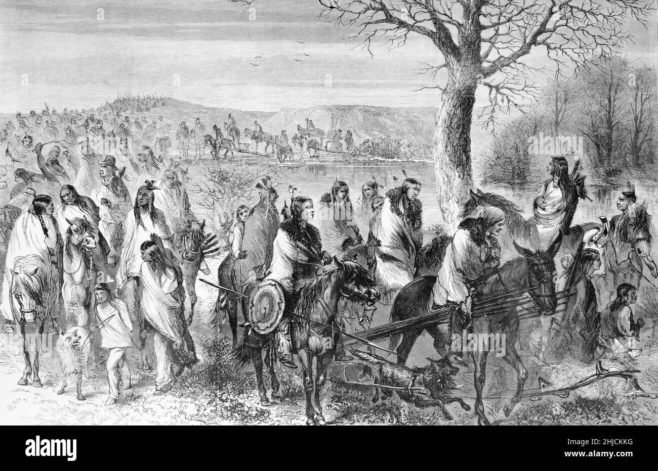 Popolazione di un villaggio nativo americano commovente campo. Incisione in legno da Harper's Weekly, 21 maggio 1870, disegnata da Theodore R. Davis. Foto Stock