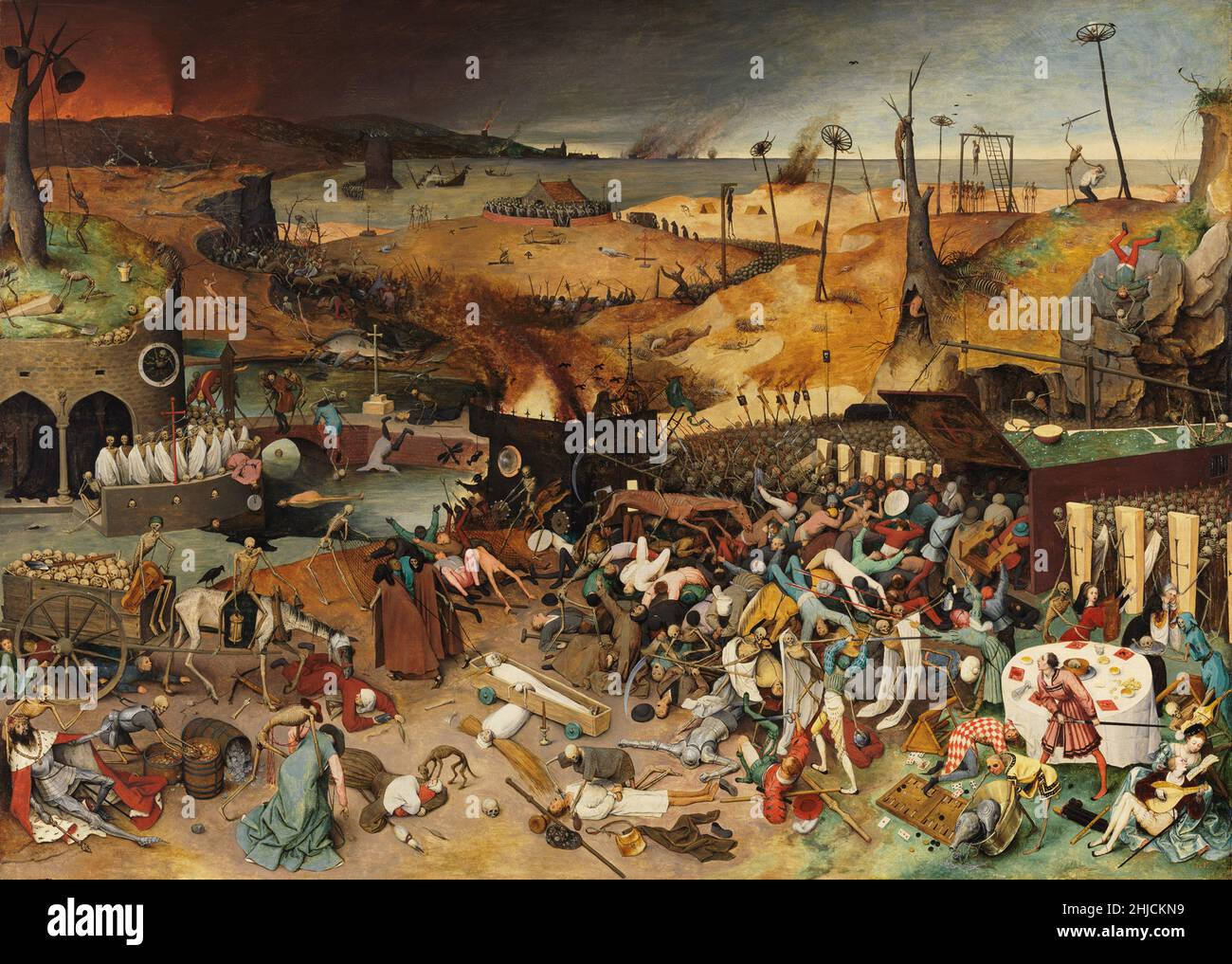 Il Trionfo della morte è un pannello a olio dipinto da Pieter Bruegel il Vecchio intorno al 1562. È presente nel Museo del Prado di Madrid dal 1827. Raffigurante la macellazione totale, cataloga gli effetti della peste, tra gli altri orrori. Foto Stock