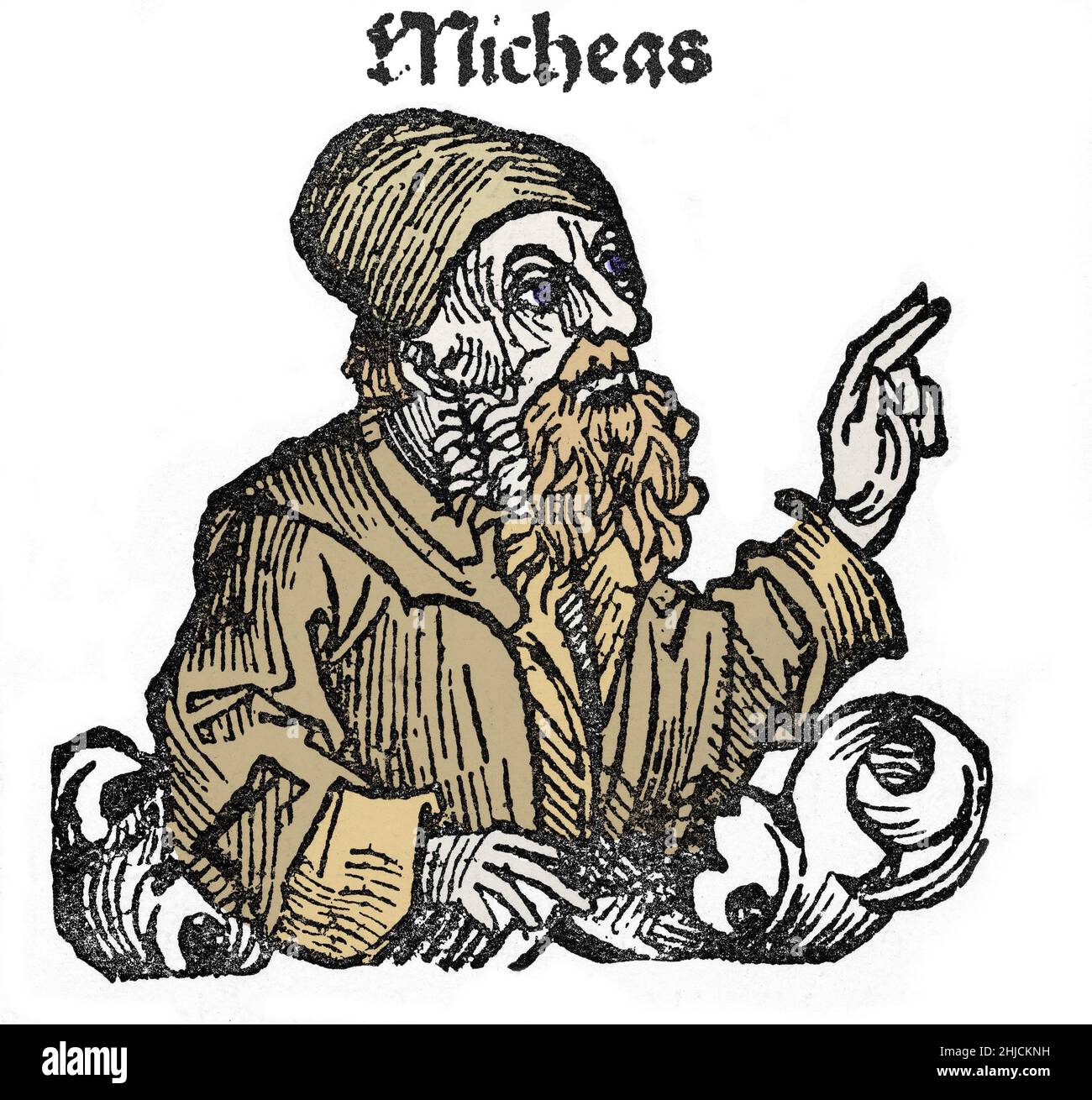Illustrazione colorata di Micheas, dalla Cronaca di Norimberga, circa 1493. Micheas, o Michea, era un profeta del 8th secolo. Egli è l'autore del Libro di Michea della Bibbia ebraica. Foto Stock