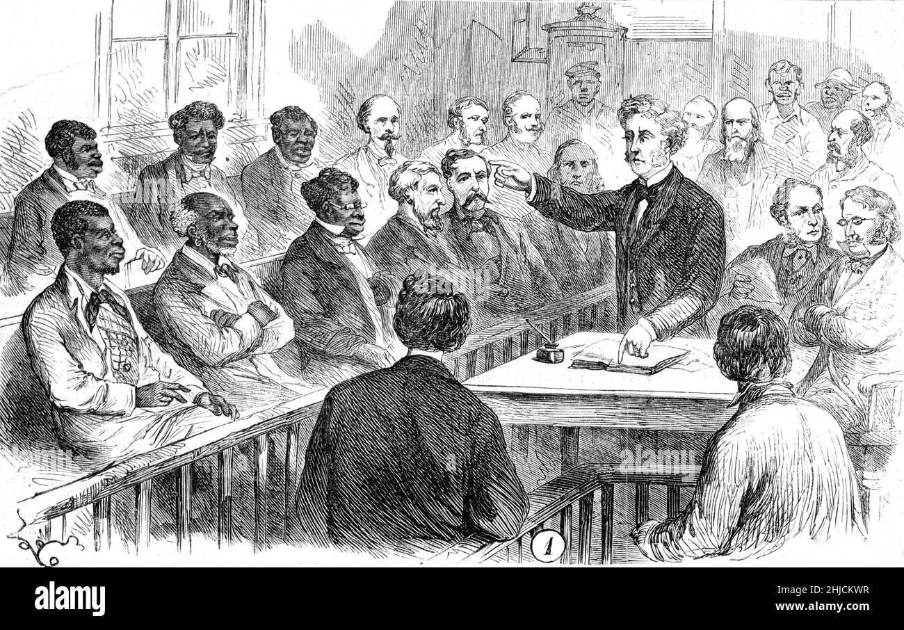Una giuria composta da uomini bianchi e neri. Illustrazione di James E. Taylor dal giornale illustrato di Frank Leslie, 30 novembre 1867. Foto Stock