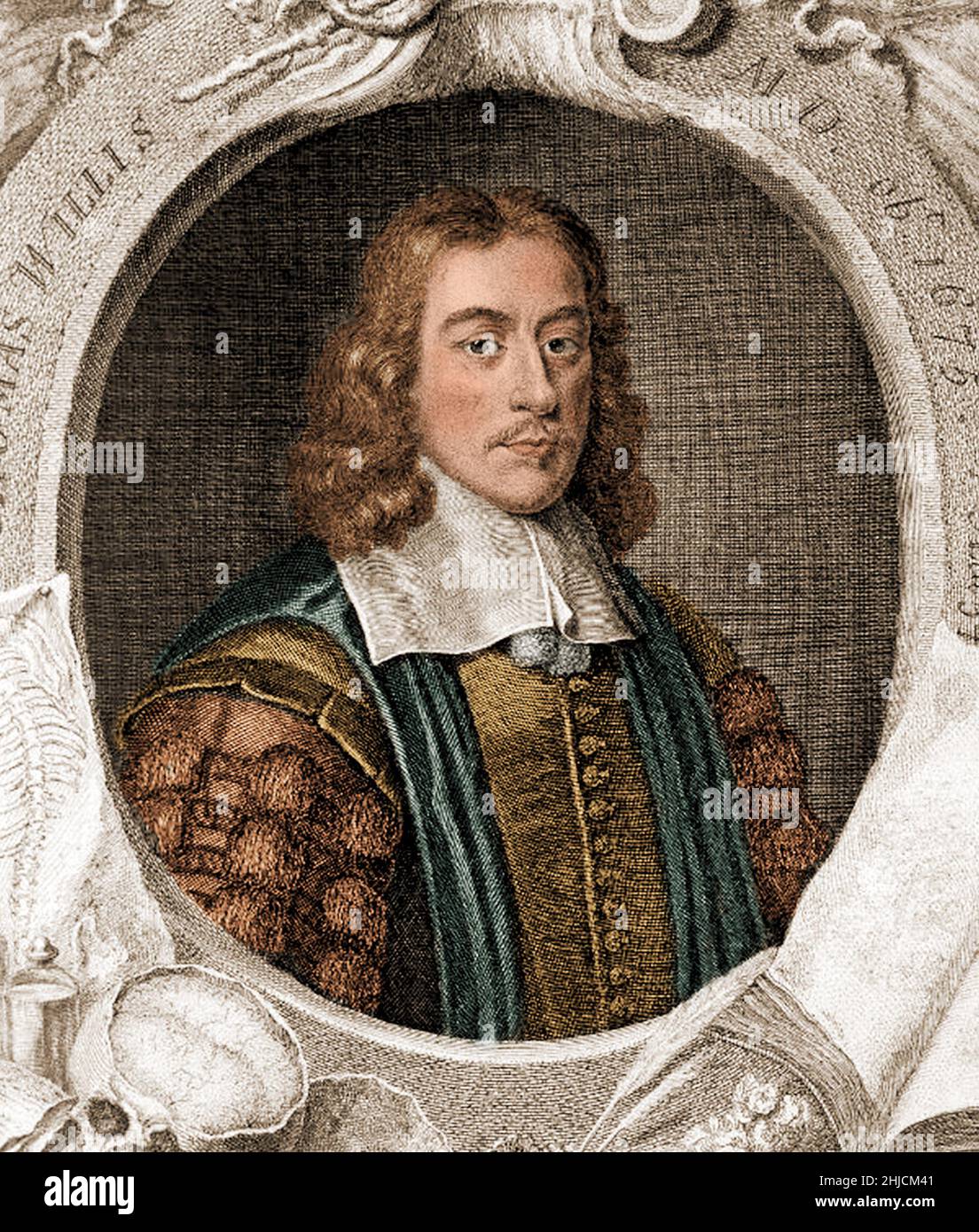 Thomas Willis (1621-1675) è stato un dottore inglese e membro fondatore della Royal Society. Nel suo lavoro pionieristico sulla neurologia, termine che coniò, scoprì il cerchio di Willis, un cerchio di arterie alla base del cervello. Coniò anche il termine mellito nel diabete mellito. Incisione di linea di George Vertye, 1742, dopo David Loggan. Colorato. Foto Stock