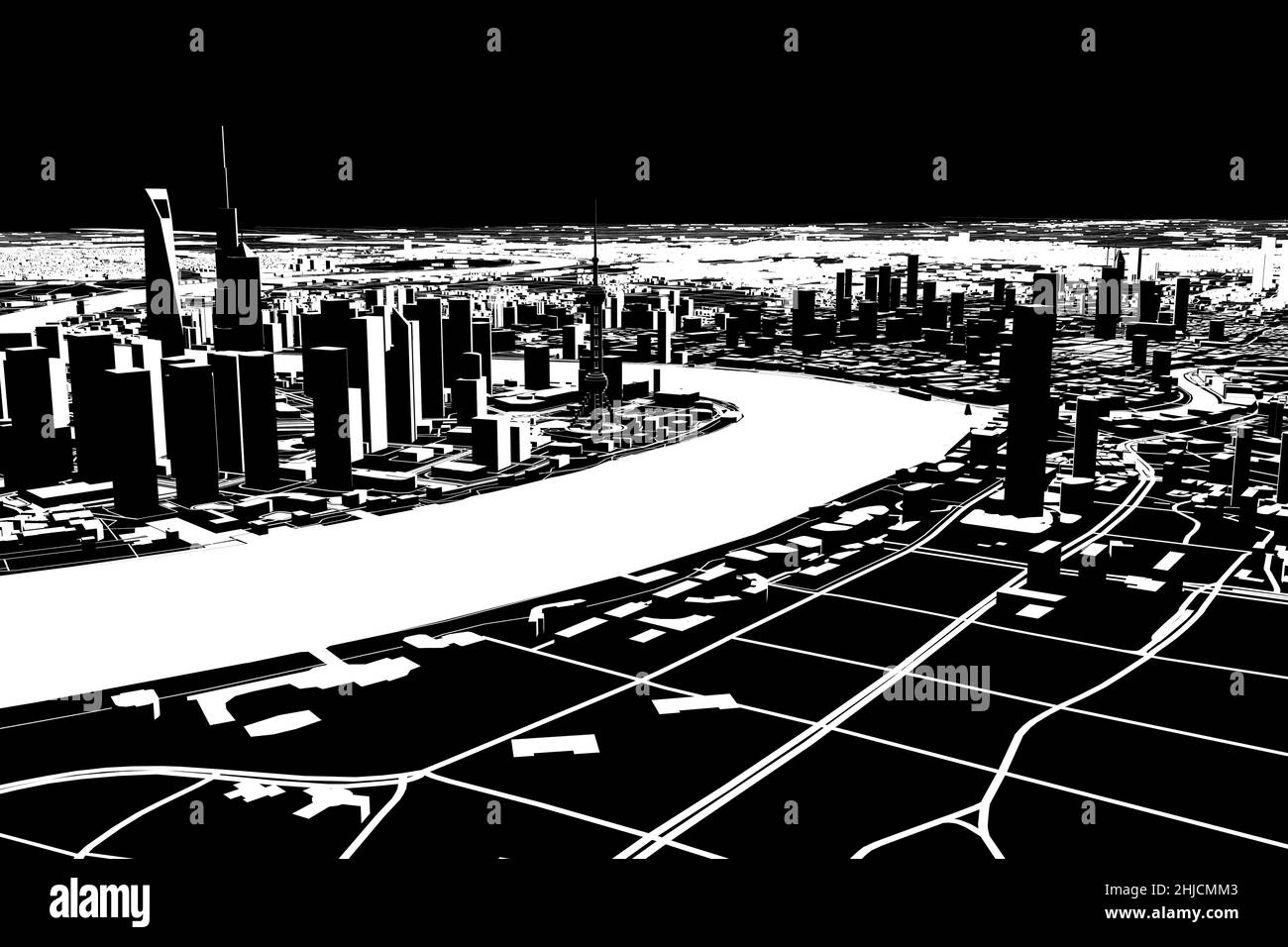 Vista satellitare di Shanghai, mappa della città con casa e edificio. Silhouette, bianco e nero. Grattacieli. Cina. Repubblica popolare cinese Foto Stock