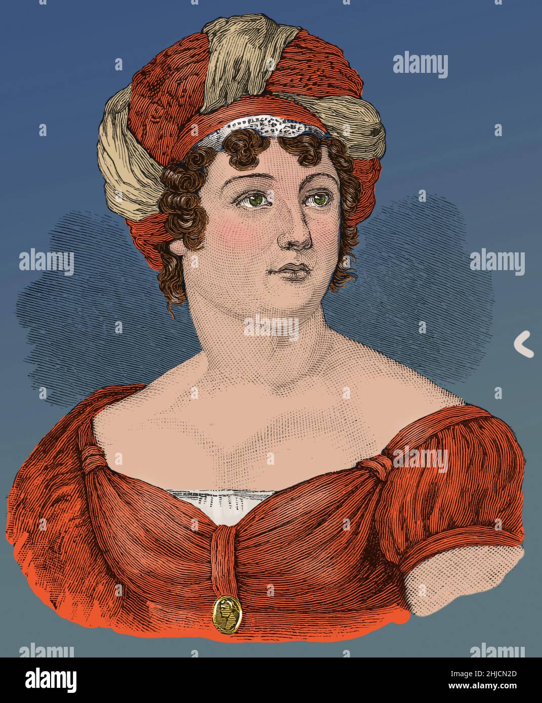Germaine de sta√´l, conosciuta come Madame de sta√´l (1766-1817), fu scrittore e teorico politico francese durante la Rivoluzione francese e l'era napoleonica. Illustrazione dal 1885 di James Parton. Foto Stock