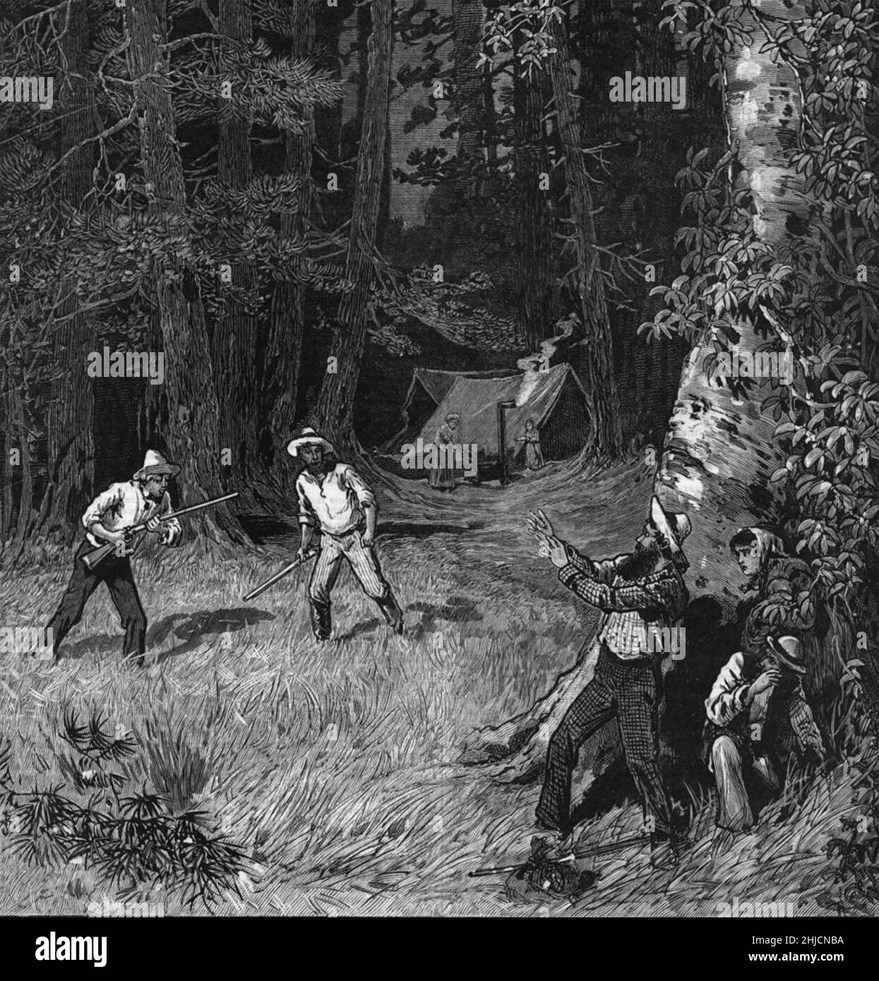 Arresto dei rifugiati di febbre gialla da parte della Patrol di sicurezza di Memphis. Due uomini con le armi si avvicinano a una famiglia in un campo profughi. L'epidemia di febbre gialla del 1878 a Memphis, Tennessee, ha ucciso più di 5.000 persone nella città. Foto Stock