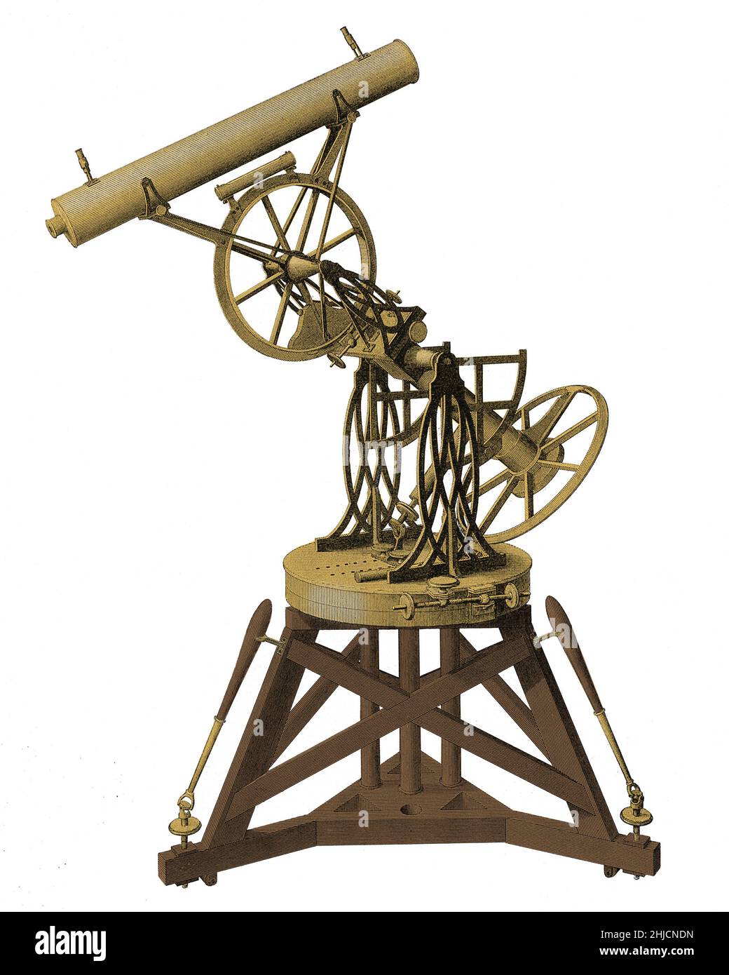 Troughton equatoriale. Questo telescopio e supporto è stato realizzato dal costruttore britannico Edward Troughton (1753-1835). Questa opera è tratta da 'un'introduzione all'Astronomia pratica', pubblicata da William Pearson in diversi volumi tra il 1824 e il 1829. Foto Stock