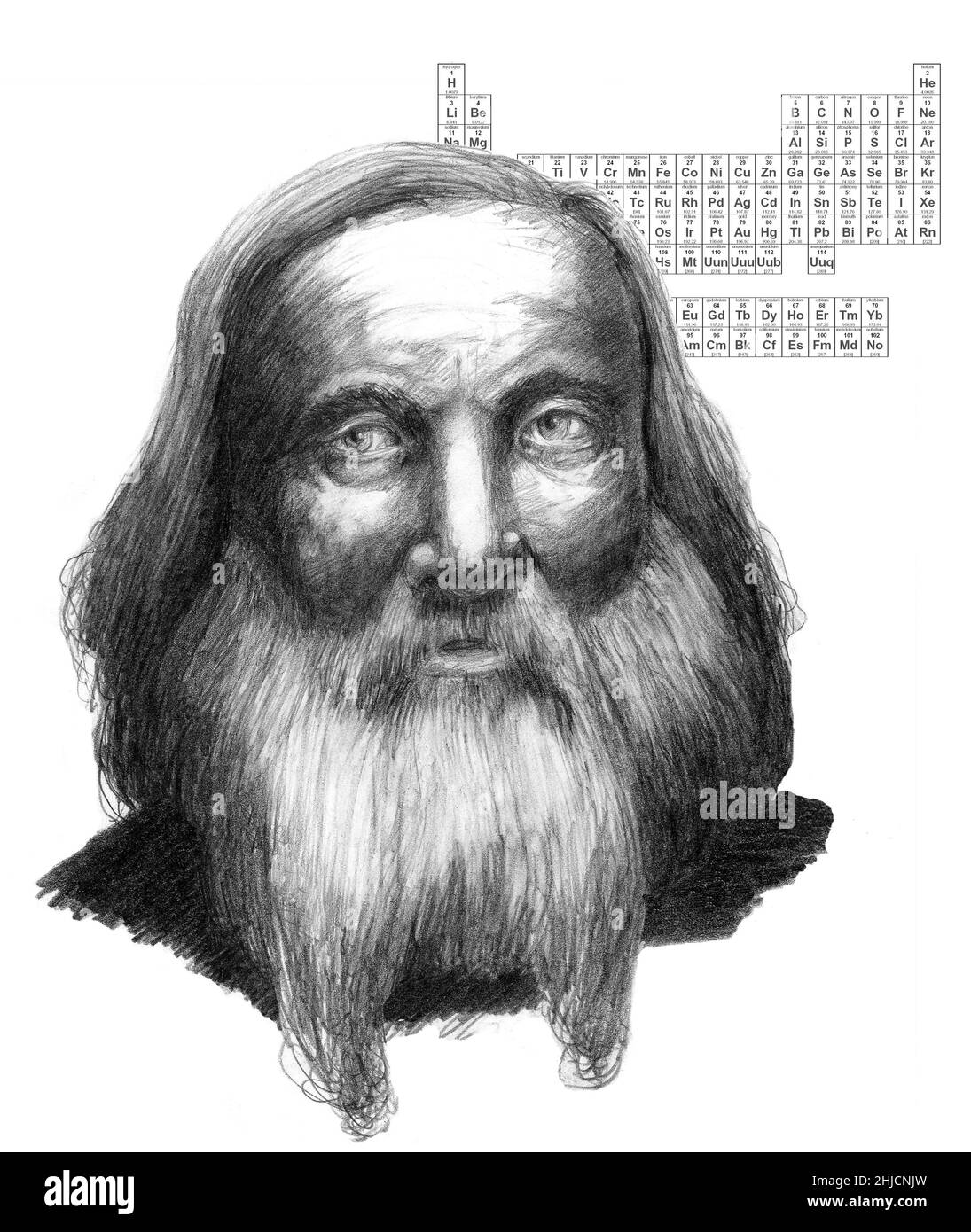 Illustrazione di Dmitry Ivanovich Mendeleyev (1834-1907), chimico russo. Mendeleyev (o Mendeleev) era inizialmente uno studente indifferente, ma lasciò il college in cima alla sua classe. Dopo aver partecipato al 1° Congresso di Karlsruhe (1860), Mendelayev ha lavorato per organizzare le tendenze nel peso atomico e la valenza. Da questo, ha sviluppato la prima vera tavola periodica degli elementi (versione finale pubblicata nel 1871). Questo conteneva alcune lacune, ma quando furono scoperti nuovi elementi per avere le proprietà previste dalla tabella, Mendeleyev divenne famoso in tutto il mondo. Foto Stock