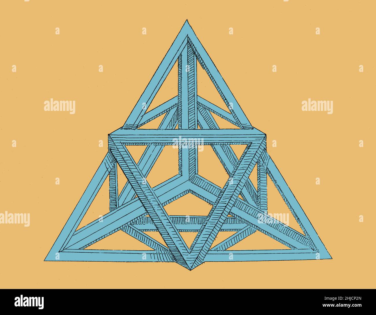 Incisione geometrica di una variazione poliedrica da 'A True and Cuty Instruction in Geometry', 1543, di Augustin Hirschvogel (1503‚Äì1553), che includeva esempi dei cinque solidi platonici - tetraedro, esahedron (cubo), ottaedro, dodecaedro, e icosahedron -- che, secondo Platone, erano i blocchi di costruzione del mondo del materiale. Colore ottimizzato. Foto Stock
