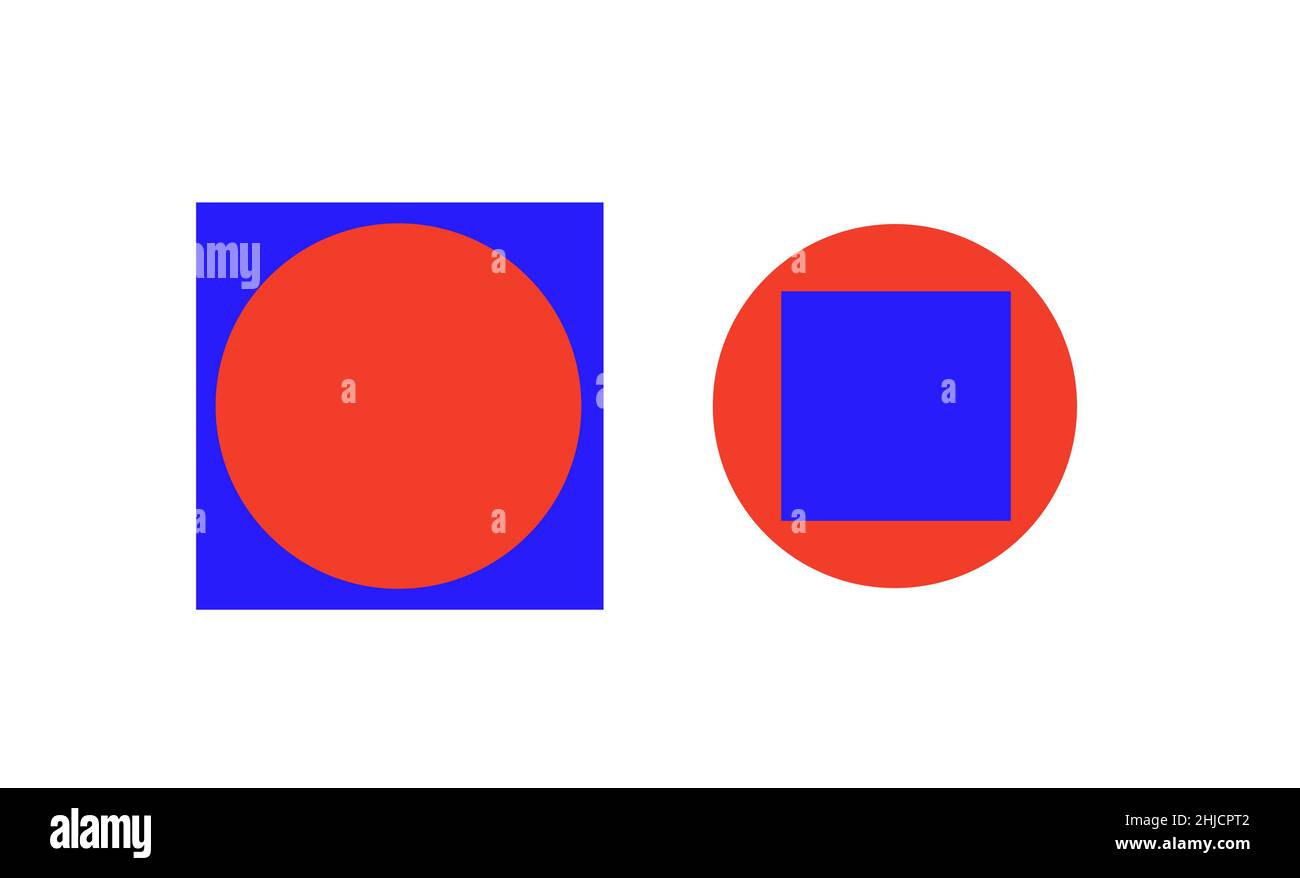 Illusione ottica circolare e quadrata. Entrambi i cerchi hanno le stesse dimensioni, ma quello all'interno del quadrato appare più grande. Si tratta di una variazione dell'illusione di Delboeuf. Il cervello è influenzato dalla vicinanza l'uno all'altro - questo è chiamato assimilazione. Foto Stock