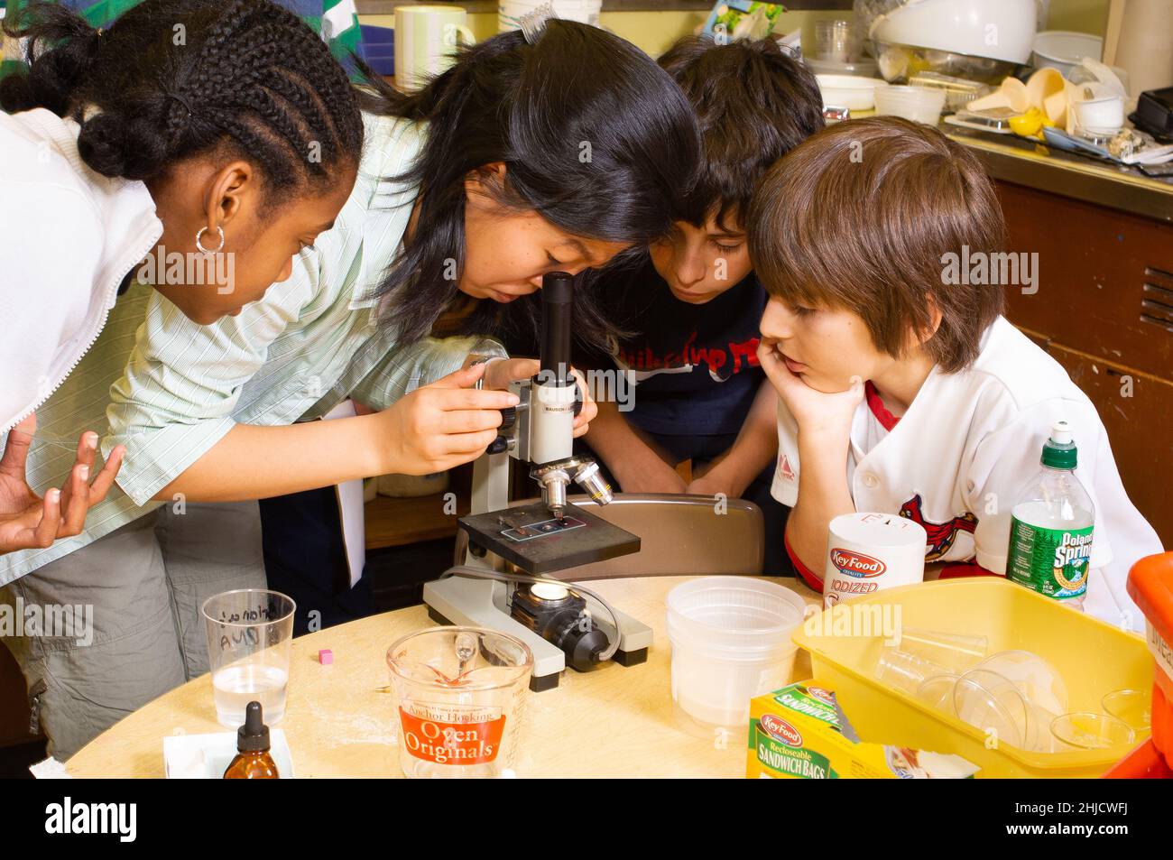 Istruzione elementare o scuola media grado 6 classe scientifica estrazione del DNA gruppo di due ragazze e due ragazzi che lavorano all'esperimento, utilizzando il microscopio Foto Stock