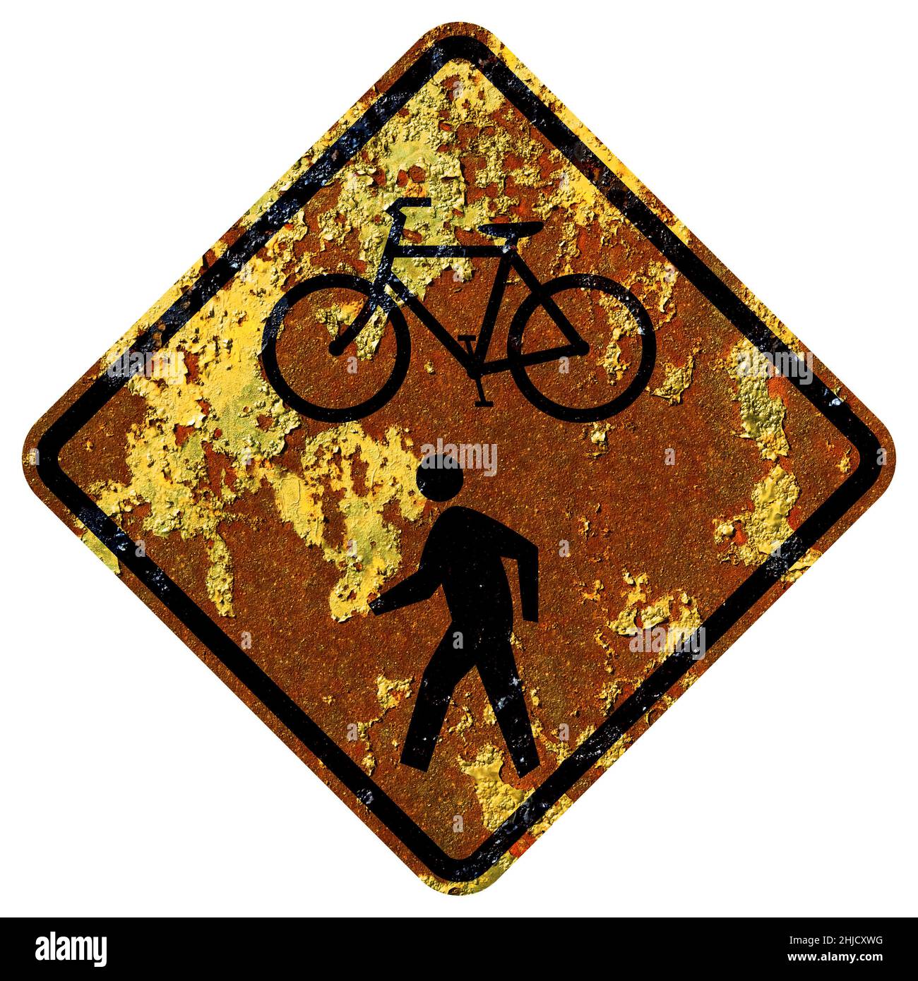 Vecchio cartello stradale americano arrugginito - biciclette e pedoni Foto Stock