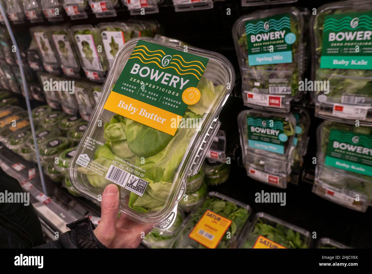 Pacchetti di Bowery Greens marca di insalata verde in un supermercato a New York il mercoledì 28 gennaio 2022. (© Richard B. Levine) Foto Stock