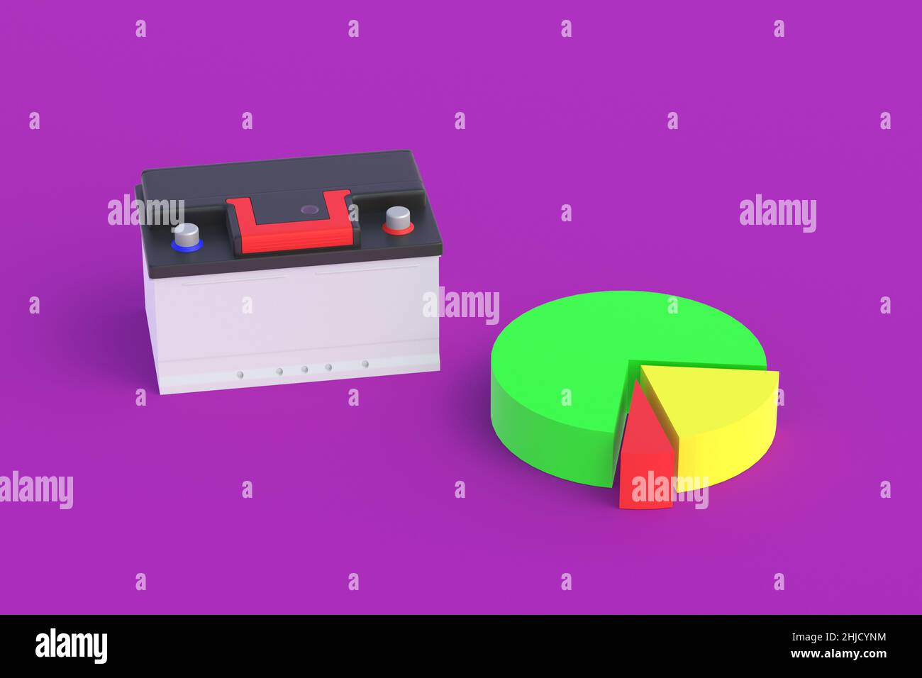 Batteria dell'auto vicino al grafico a torta. Accumulatore elettrico. Statistiche di produzione. Calcolo del numero di vendite, acquisti. Rapporto sui test delle nuove tecnologie. Foto Stock