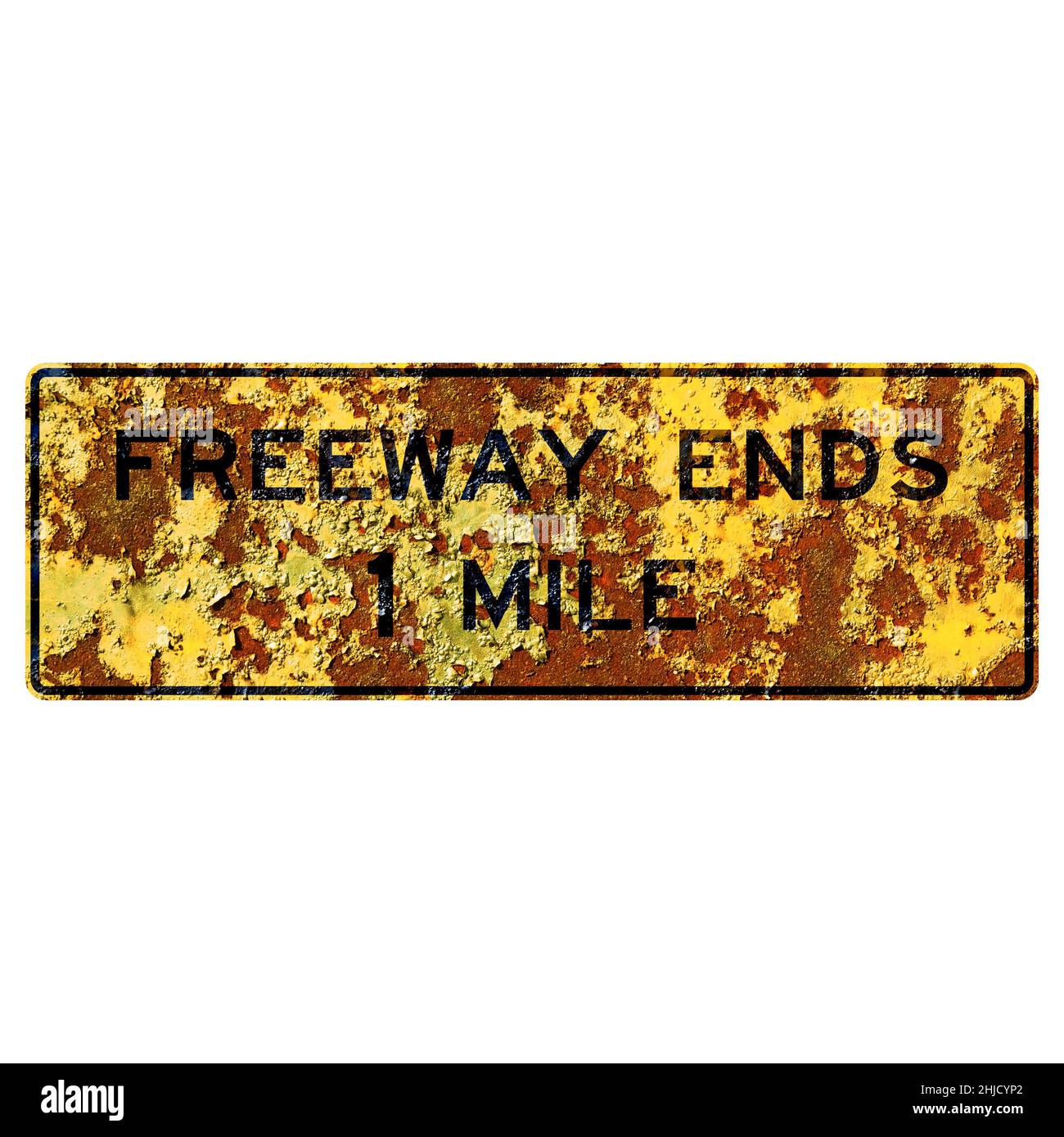 Vecchio cartello stradale americano arrugginito - la superstrada termina, 1 miglia Foto Stock